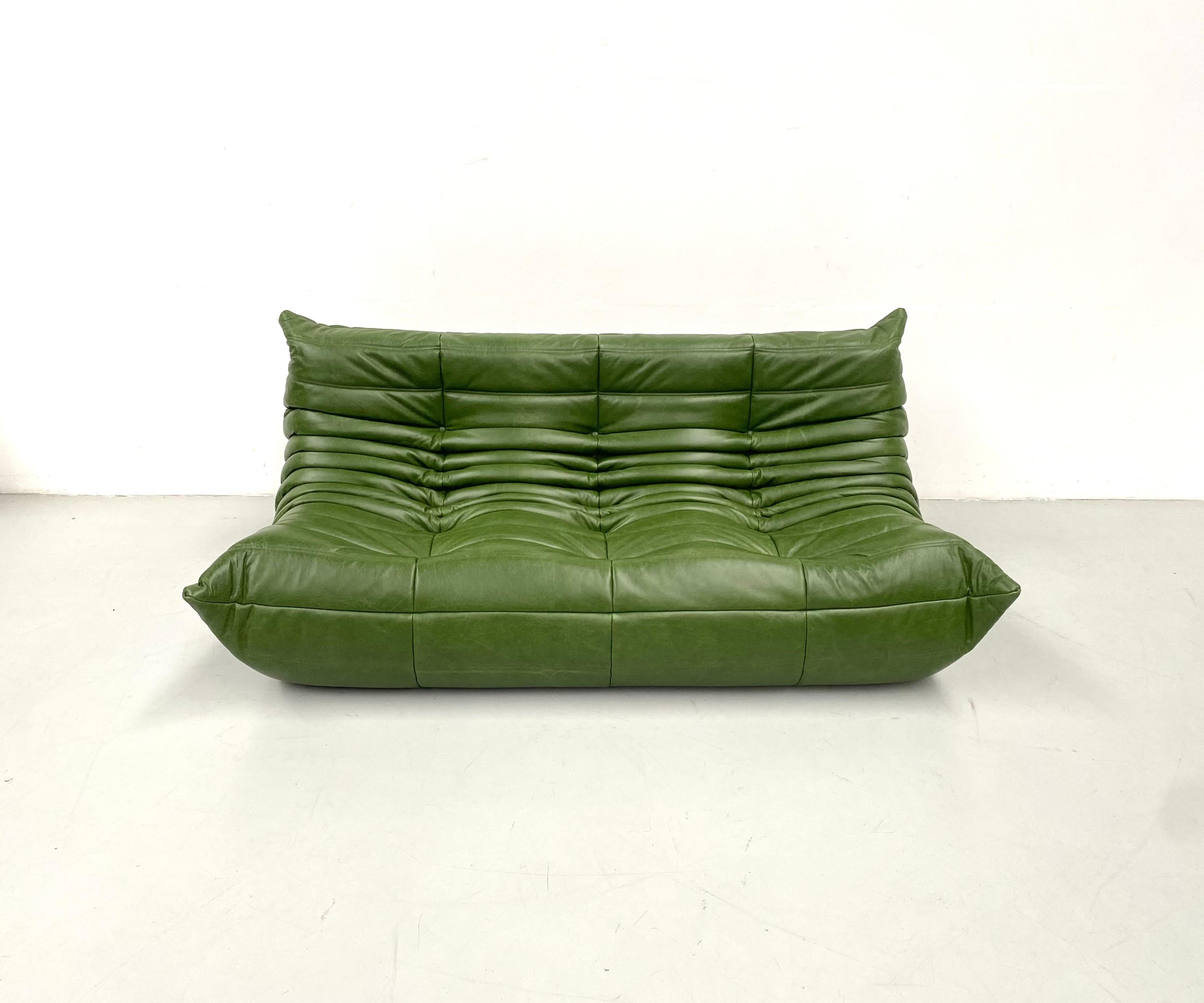 French Vintage Togo Sofa in Green  Leather by Michel Ducaroy for Ligne Roset. In Excellent Condition In Eindhoven, Noord Brabant