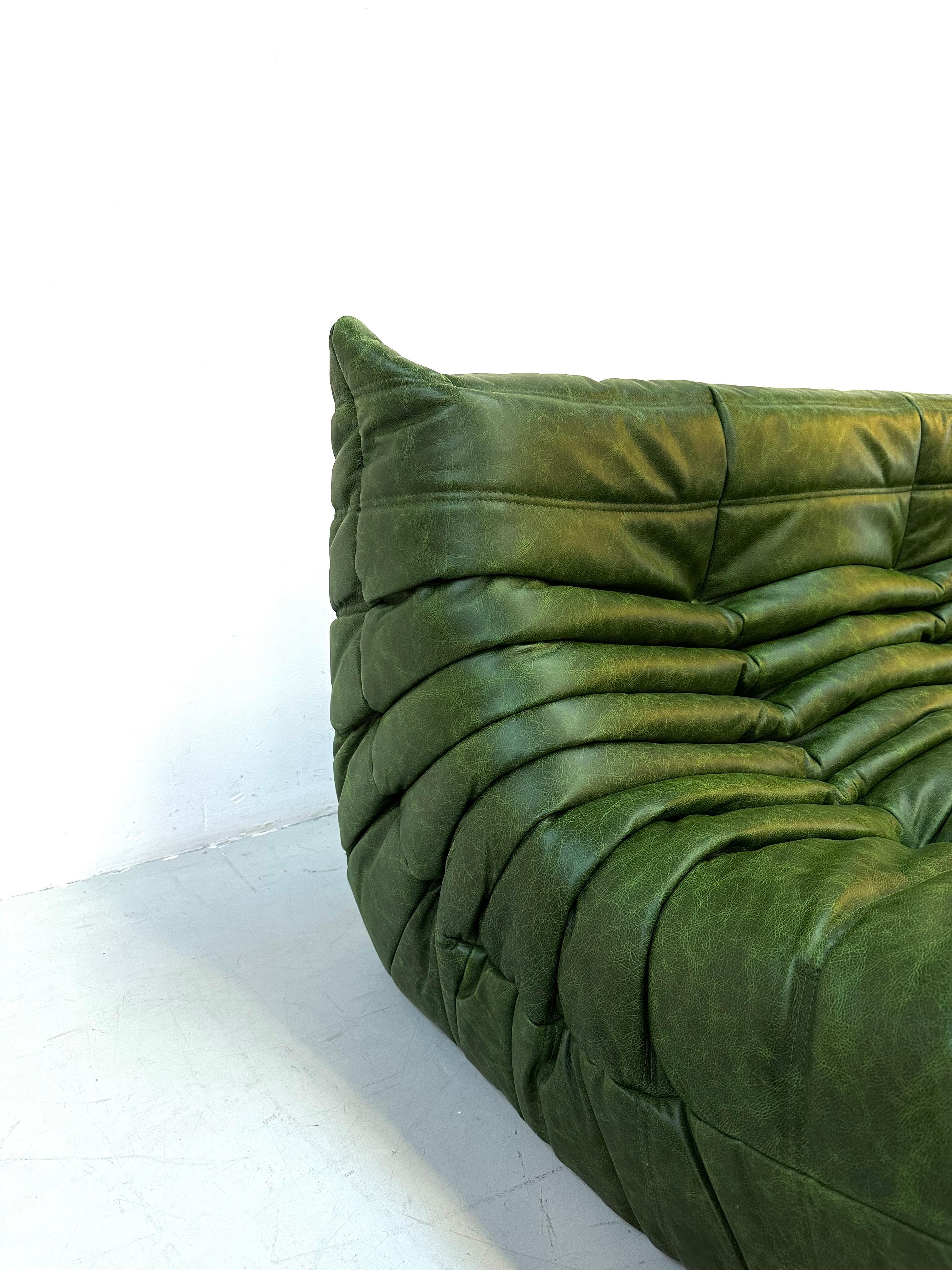20th Century French Vintage Togo Sofa in Green  Leather by Michel Ducaroy for Ligne Roset.
