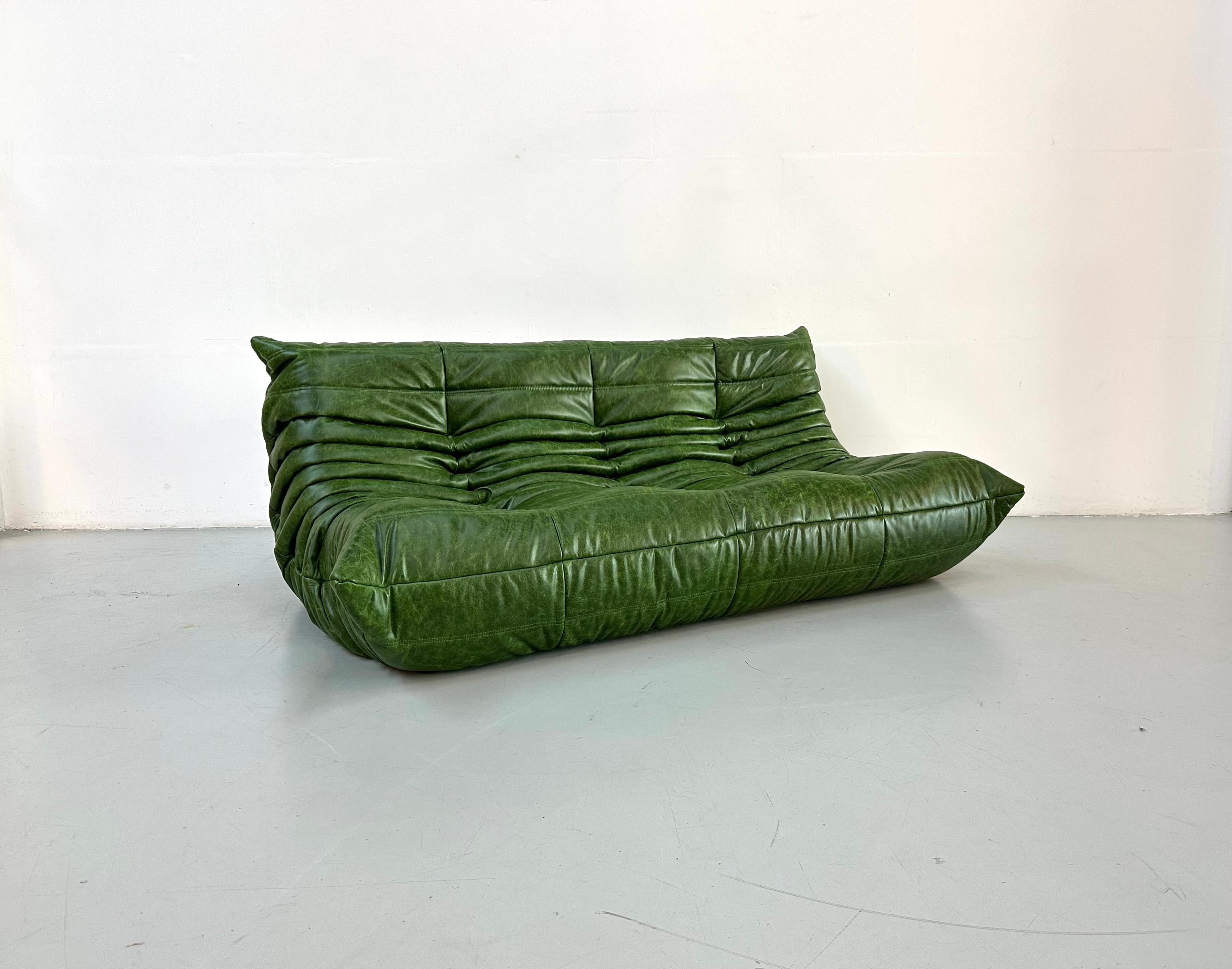 Mid-Century Modern French Vintage Togo Sofa in Green Leather by Michel Ducaroy for Ligne Roset.