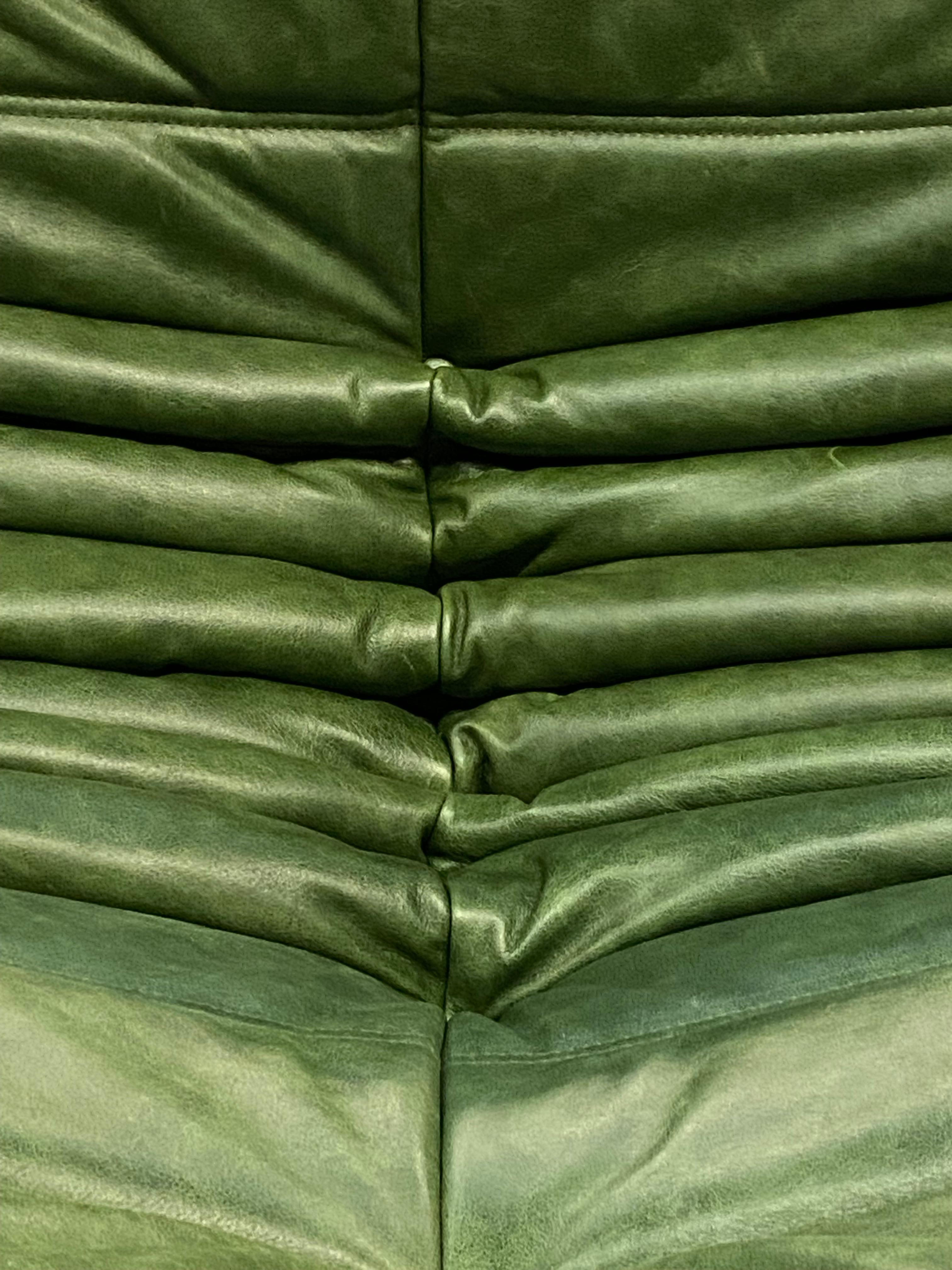 French  Togo Sofa in Green  Leather by Michel Ducaroy for Ligne Roset. For Sale 1