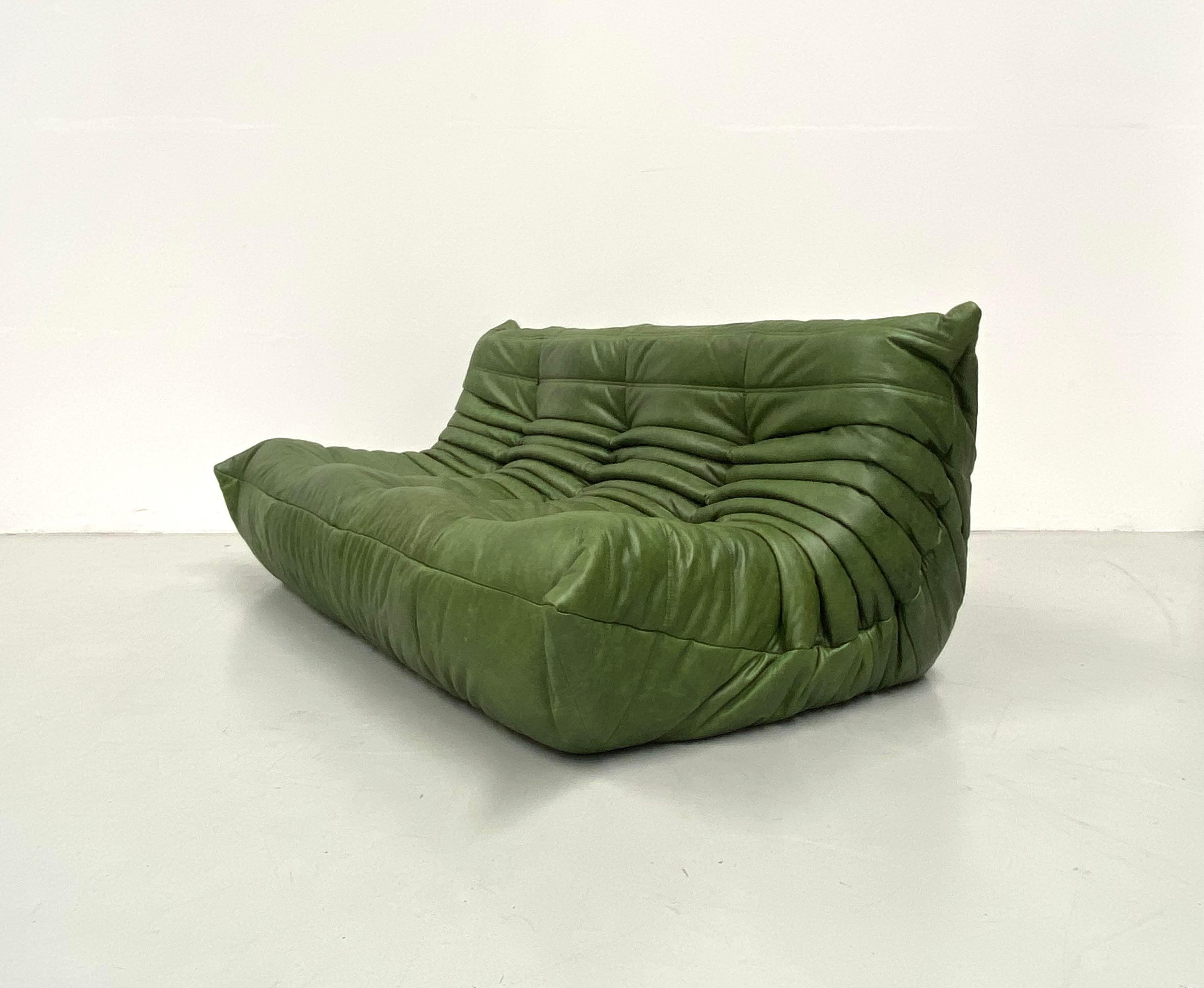 French  Togo Sofa in Green  Leather by Michel Ducaroy for Ligne Roset. For Sale 2