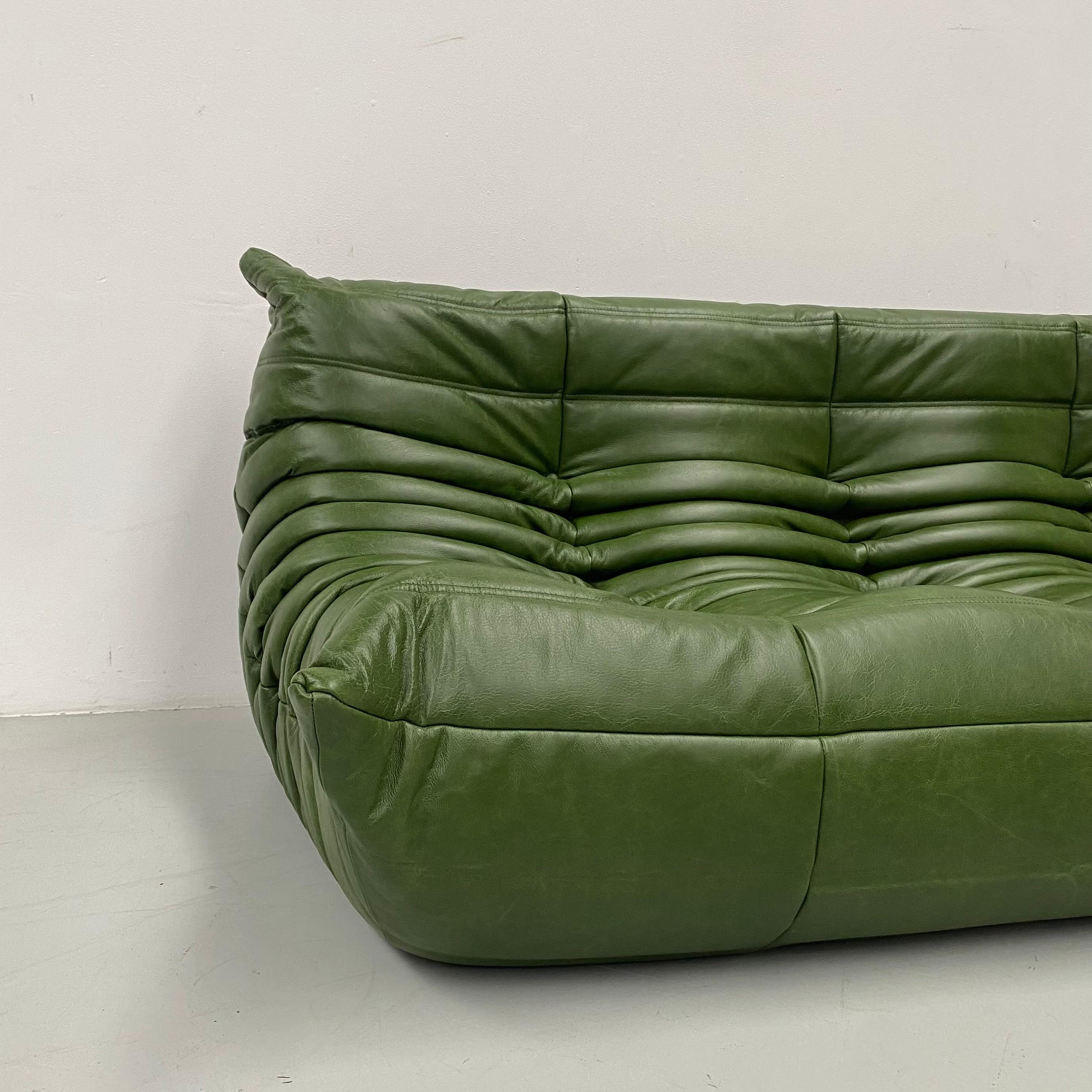French Vintage Togo Sofa in Green  Leather by Michel Ducaroy for Ligne Roset. 3