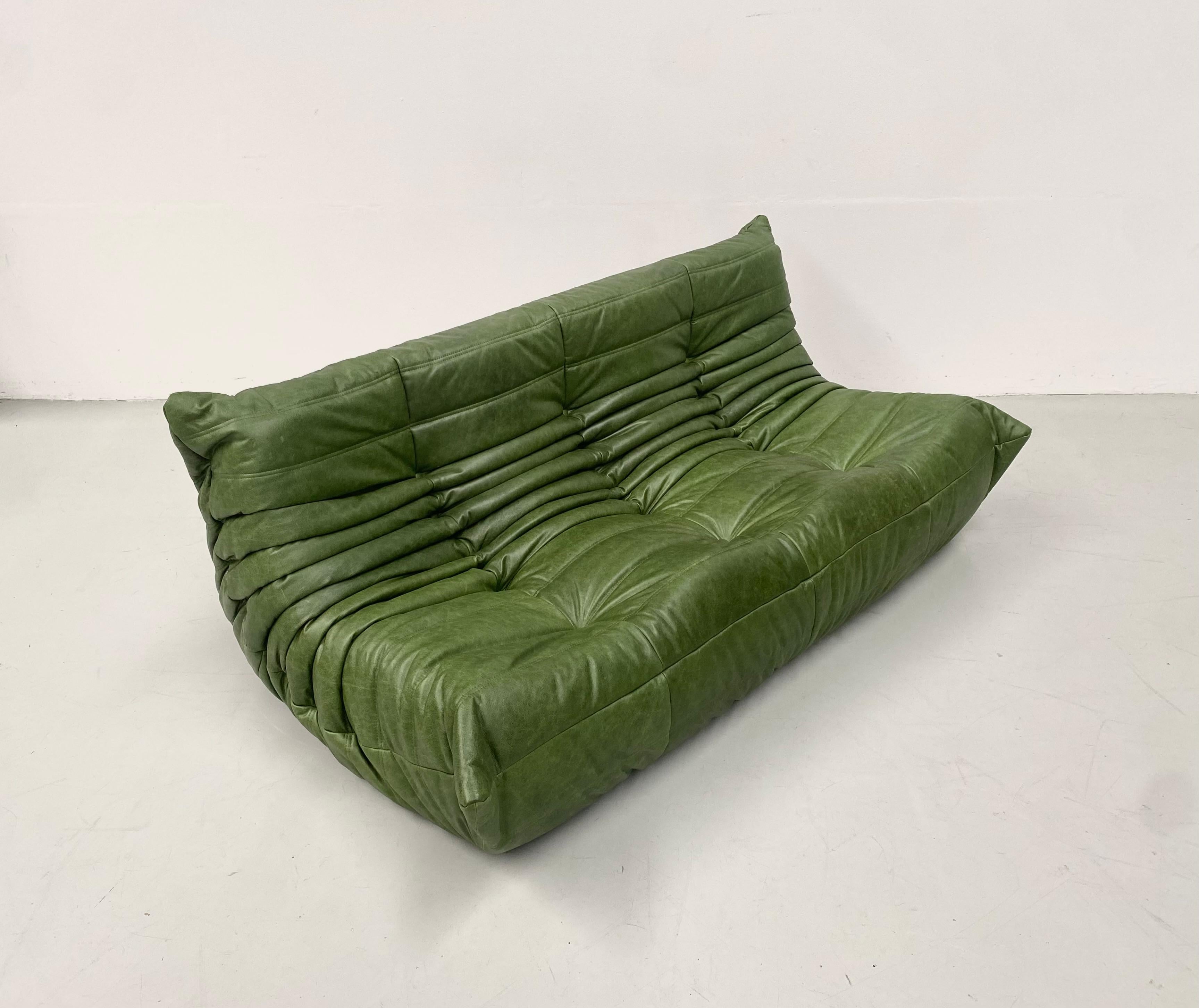 French  Togo Sofa in Green  Leather by Michel Ducaroy for Ligne Roset. For Sale 3