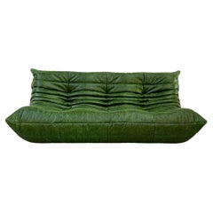 French Vintage Togo Sofa in Green Leather by Michel Ducaroy for Ligne Roset.