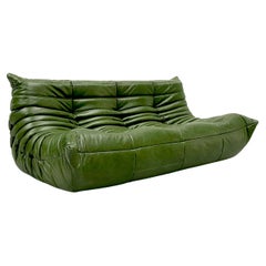 French Vintage Togo Sofa in Green  Leather by Michel Ducaroy for Ligne Roset.