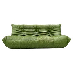 Used French  Togo Sofa in Green  Leather by Michel Ducaroy for Ligne Roset.