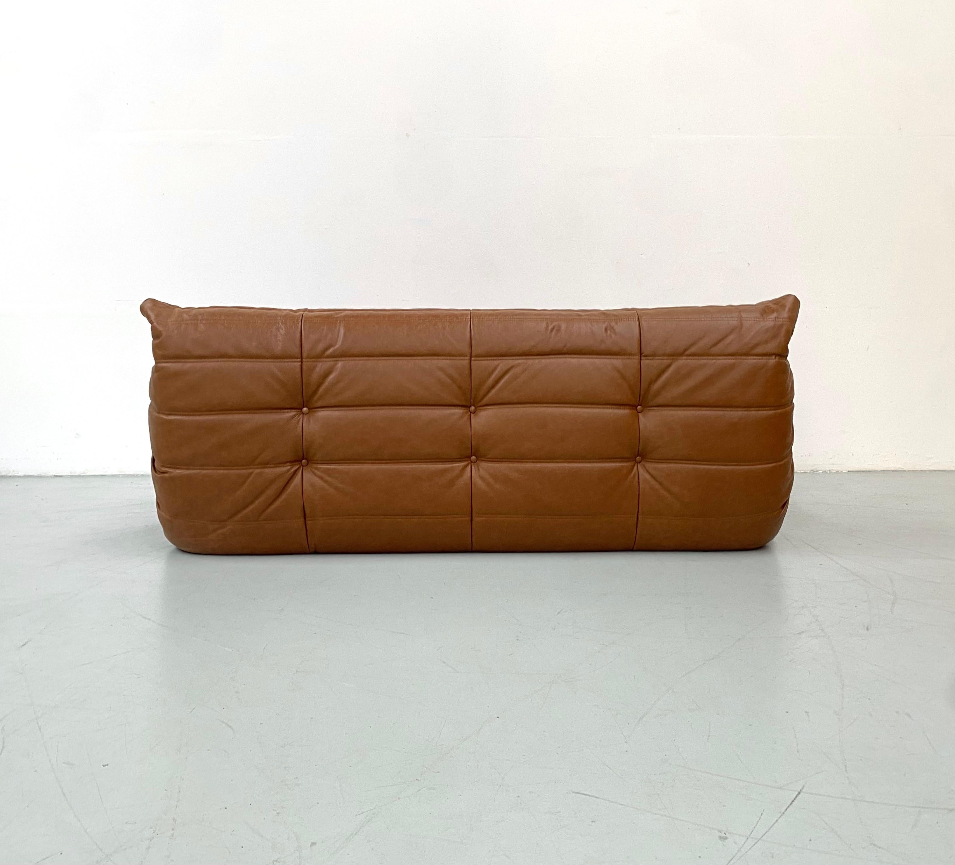 French Vintage Togo Sofa in Mid Brown Leather by Michel Ducaroy for Ligne Roset. For Sale 1