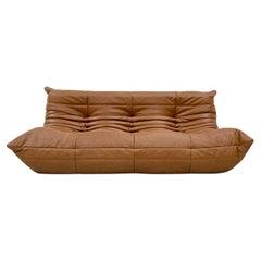 French Vintage Togo Sofa in Mid Brown Leather by Michel Ducaroy for Ligne Roset.