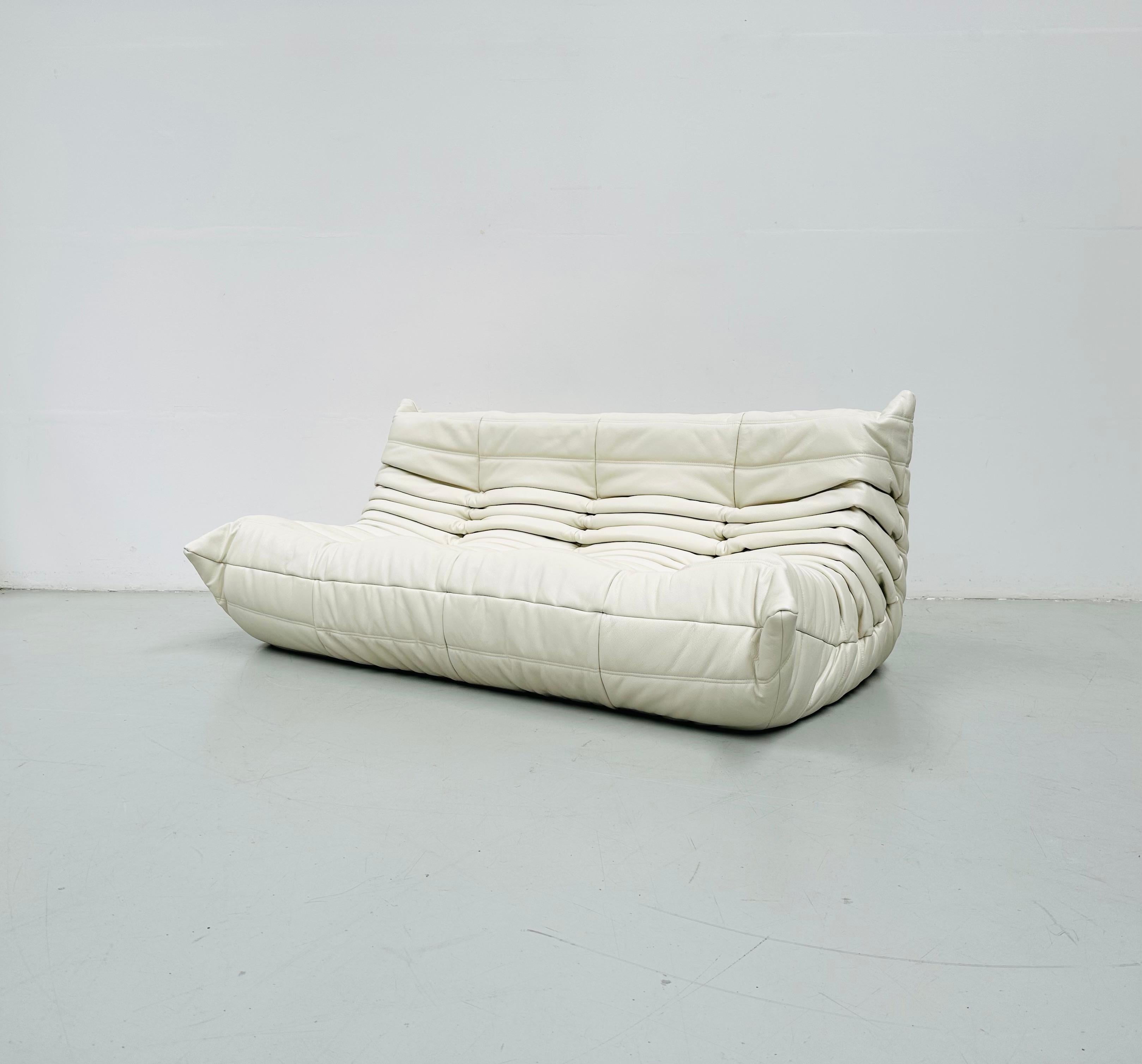 Mid-Century Modern French Togo Sofa in White Leather by Michel Ducaroy for Ligne Roset.