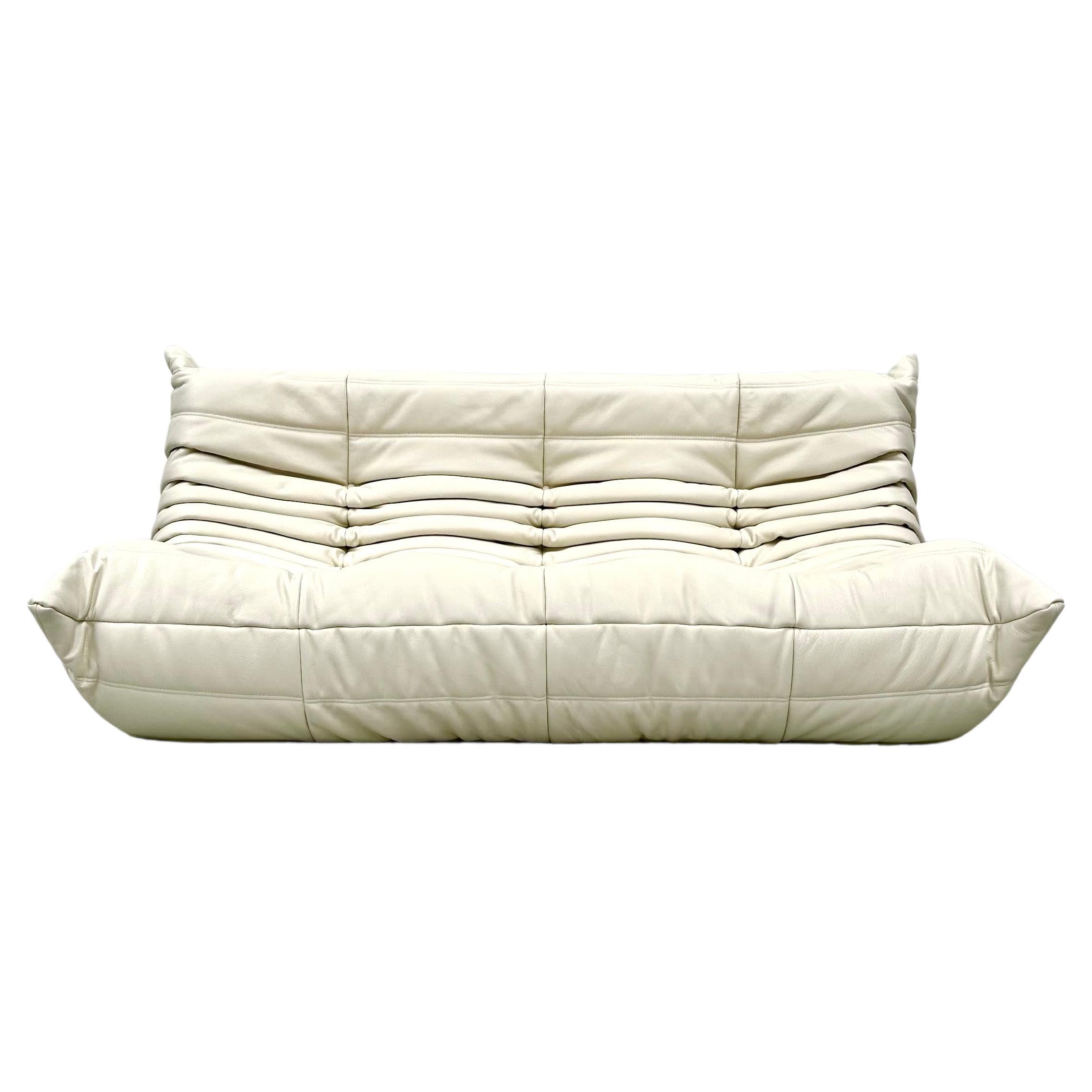 French Vintage Togo Sofa in White Leather by Michel Ducaroy for Ligne Roset.