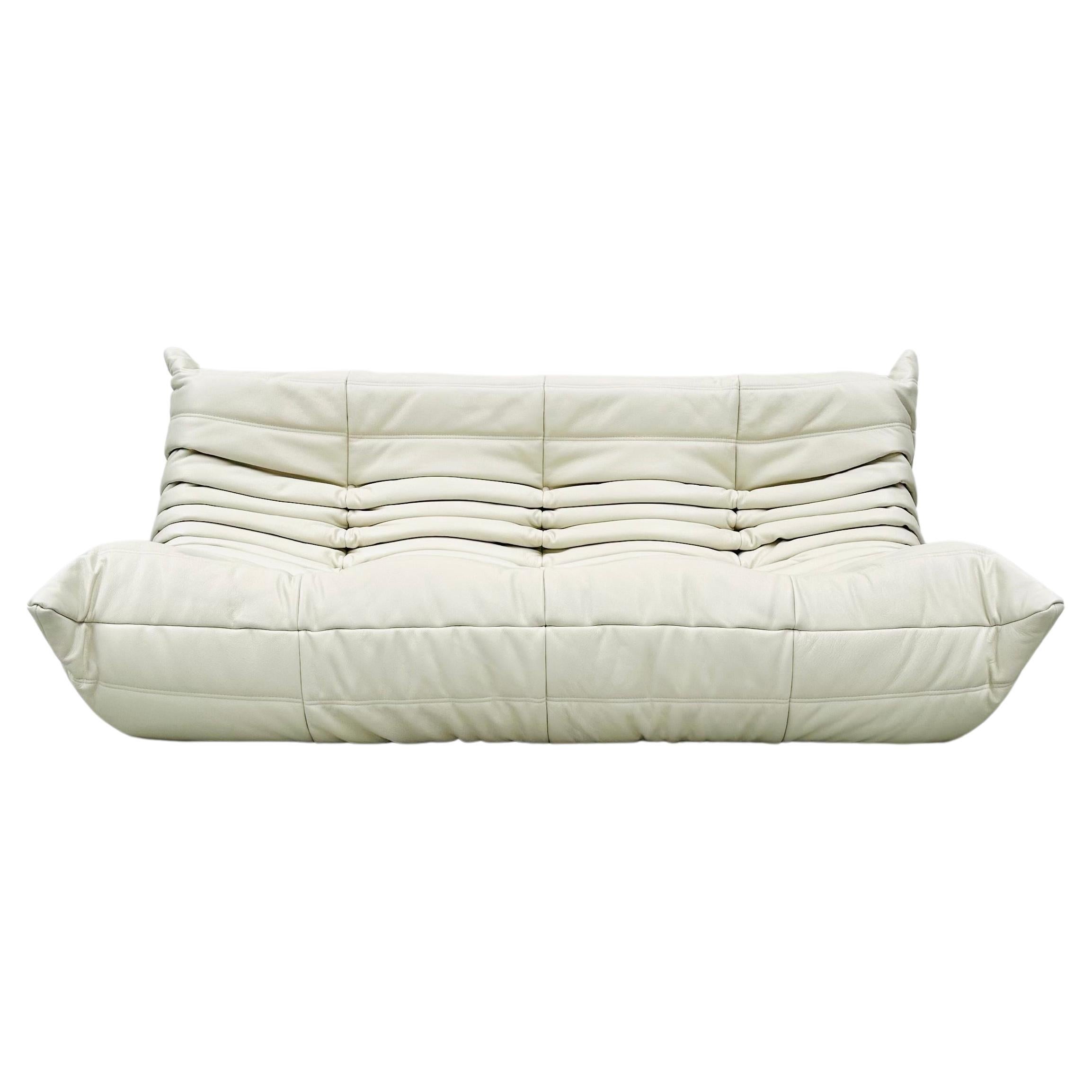 French Vintage Togo Sofa in White Leather by Michel Ducaroy for Ligne Roset.