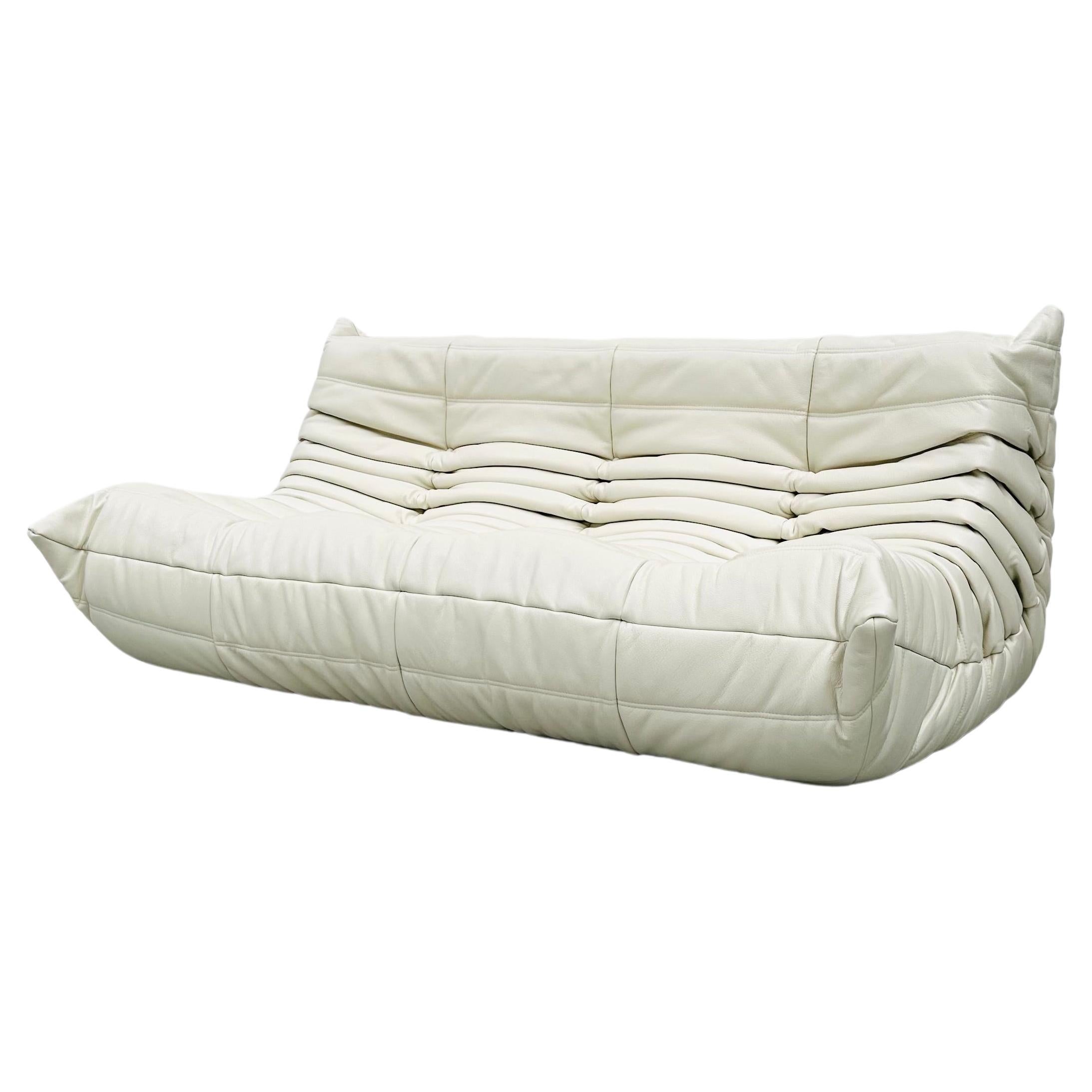 French Togo Sofa in White Leather by Michel Ducaroy for Ligne Roset.