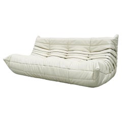 Vintage French Togo Sofa in White Leather by Michel Ducaroy for Ligne Roset.