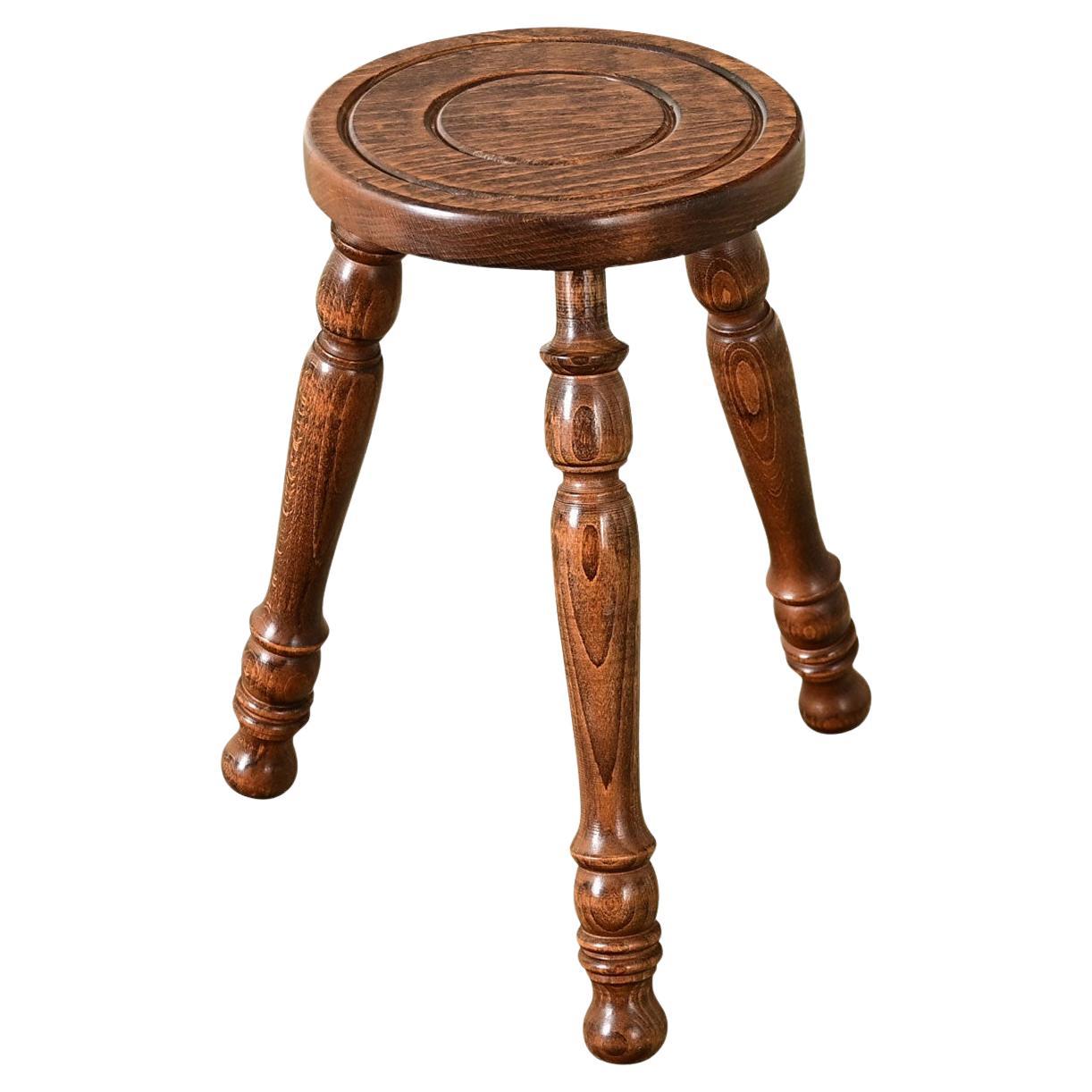 French Vintage Turned Oak Stool