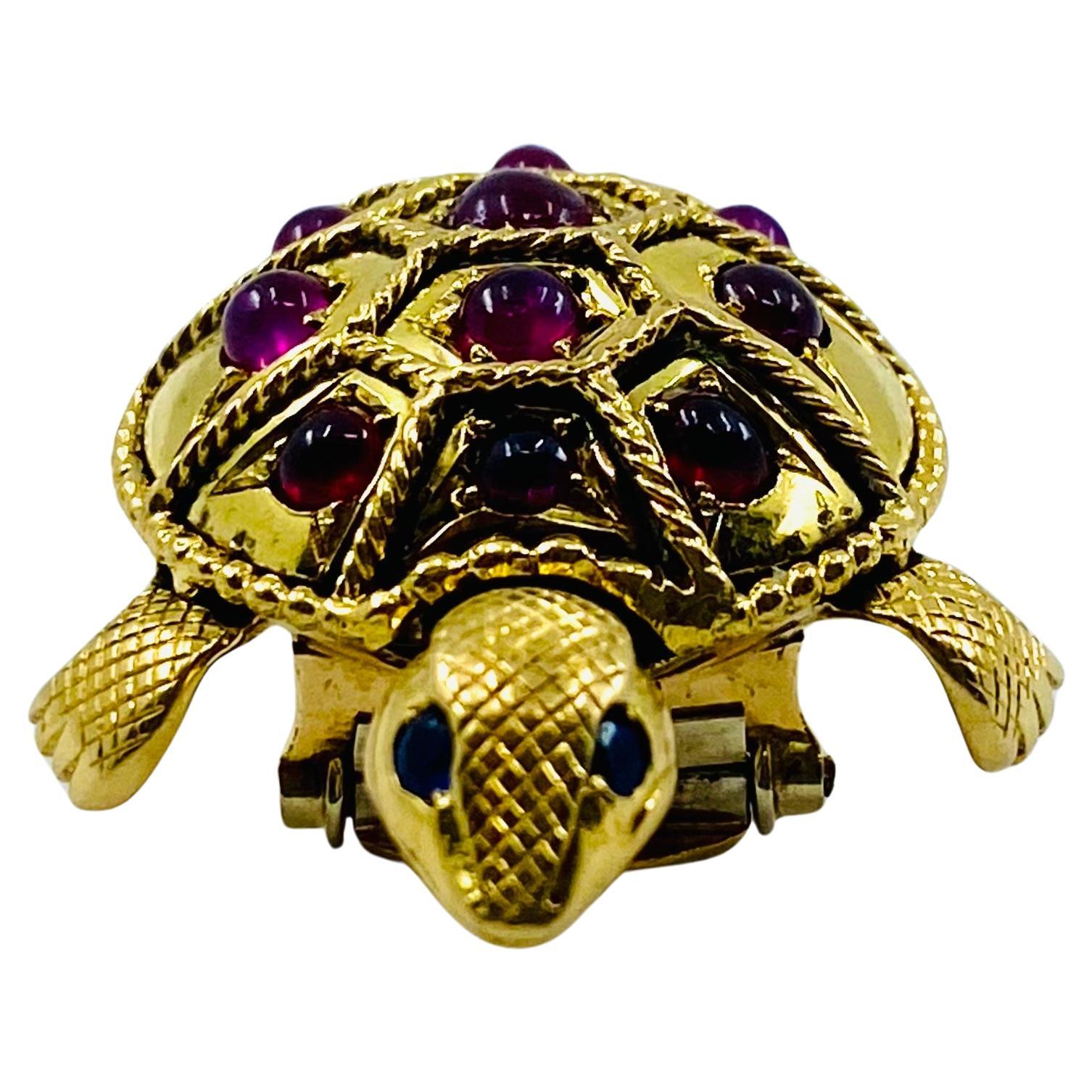 Cabochon French Vintage Turtle Brooch 18k Gold Ruby For Sale