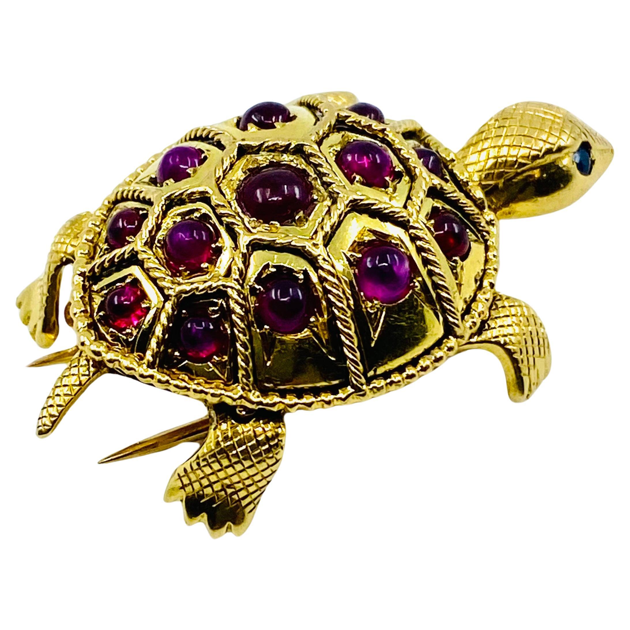 Women's or Men's French Vintage Turtle Brooch 18k Gold Ruby For Sale