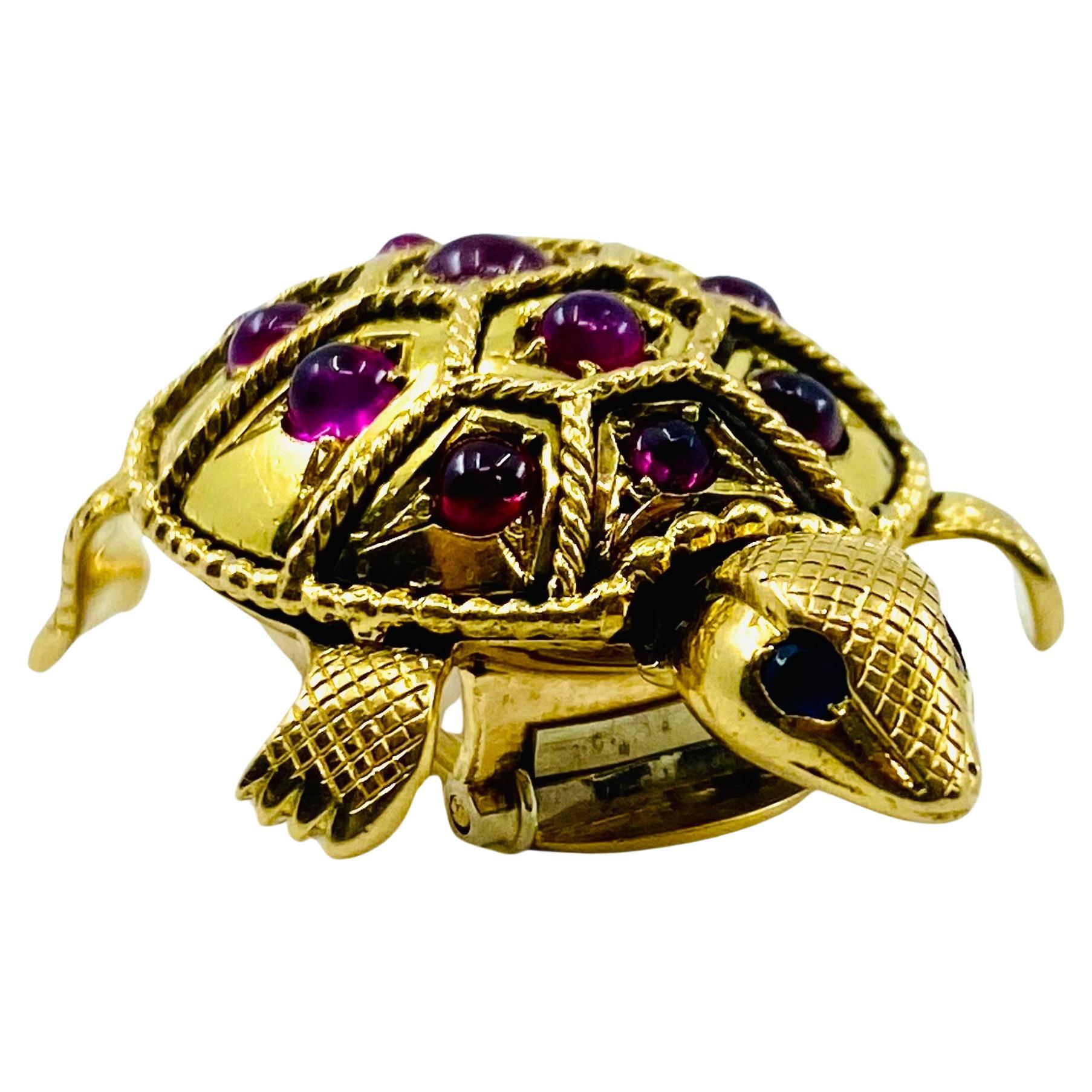 French Vintage Turtle Brooch 18k Gold Ruby For Sale 1