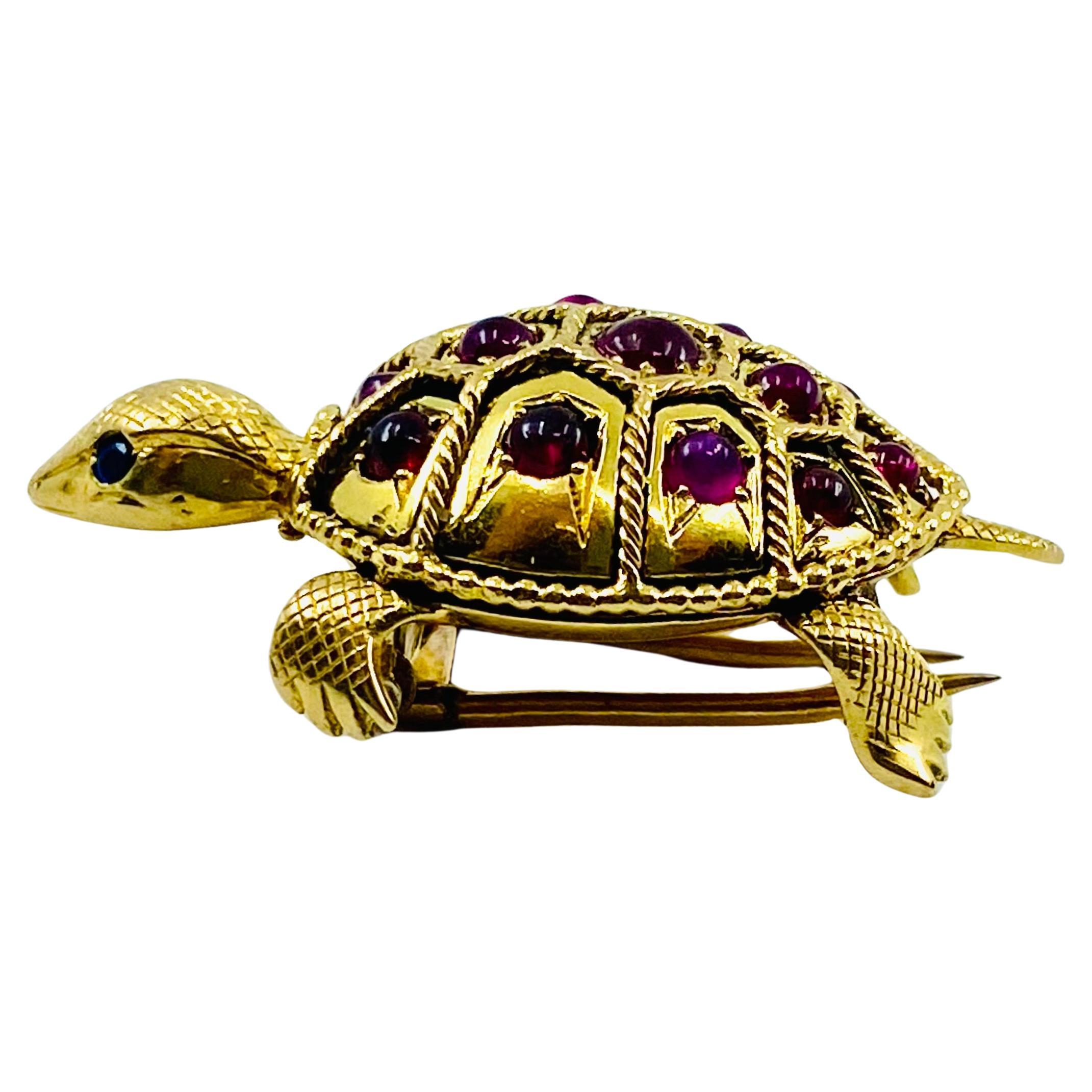 French Vintage Turtle Brooch 18k Gold Ruby For Sale 2