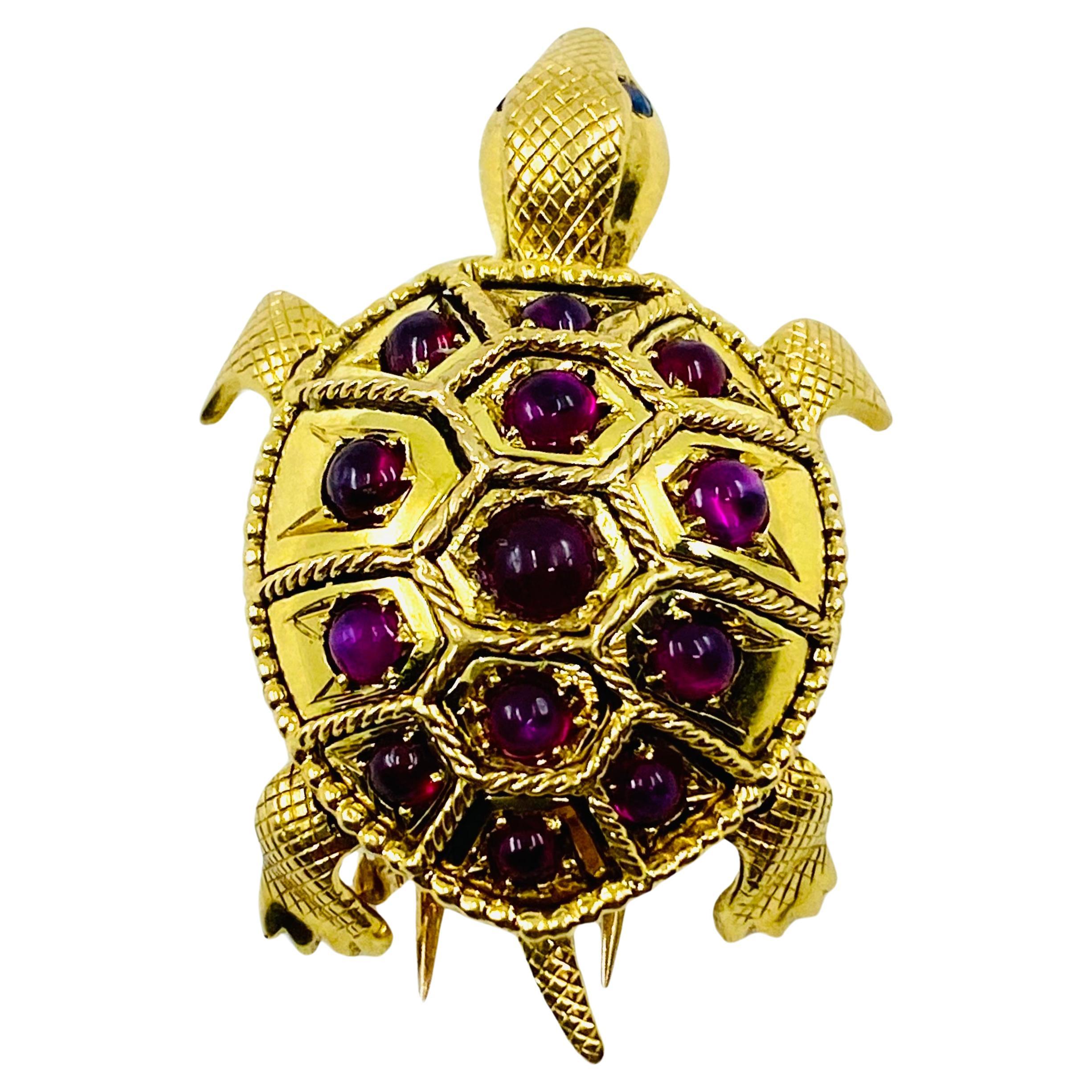 French Vintage Turtle Brooch 18k Gold Ruby For Sale 3