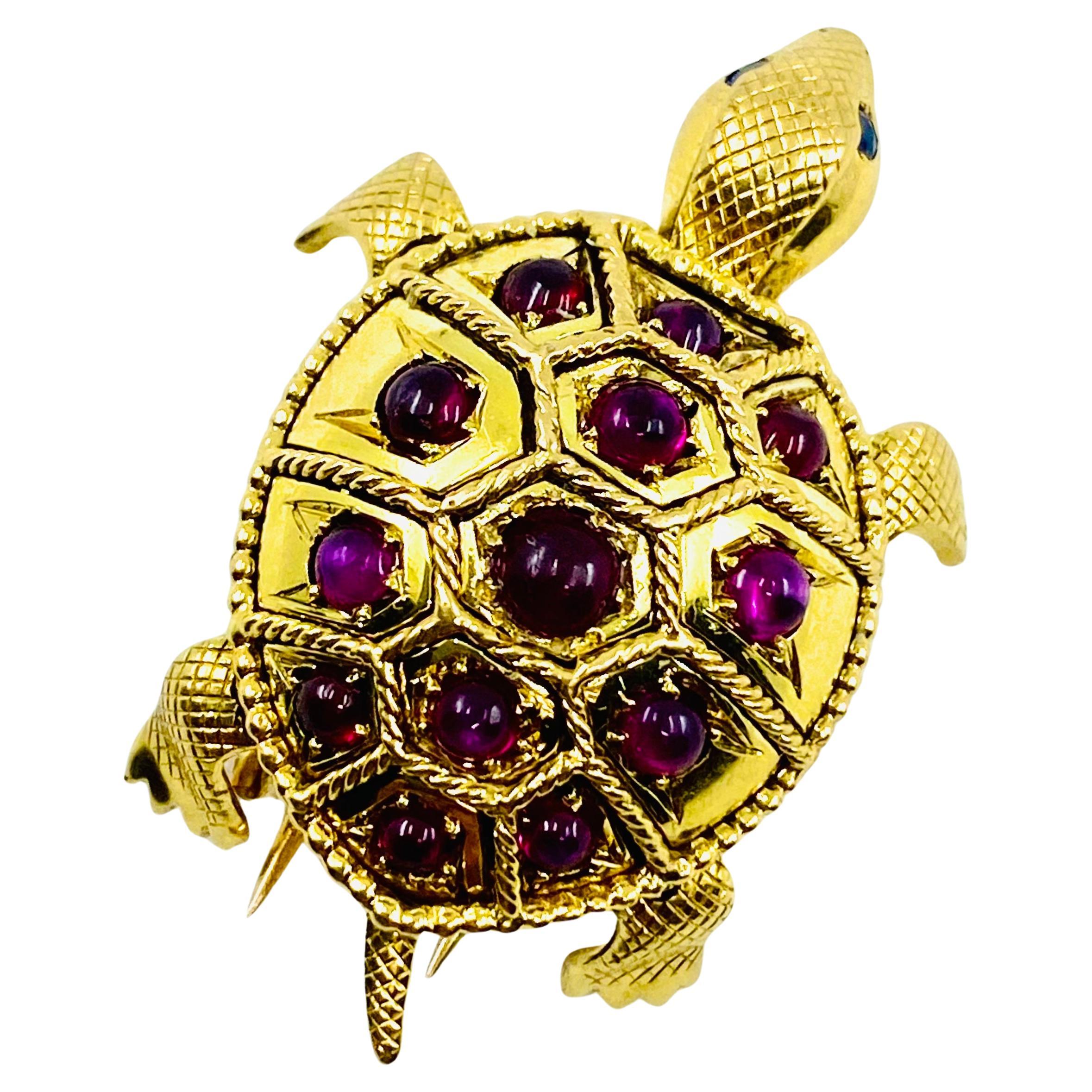 French Vintage Turtle Brooch 18k Gold Ruby For Sale