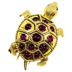 French Vintage Turtle Brooch 18k Gold Ruby