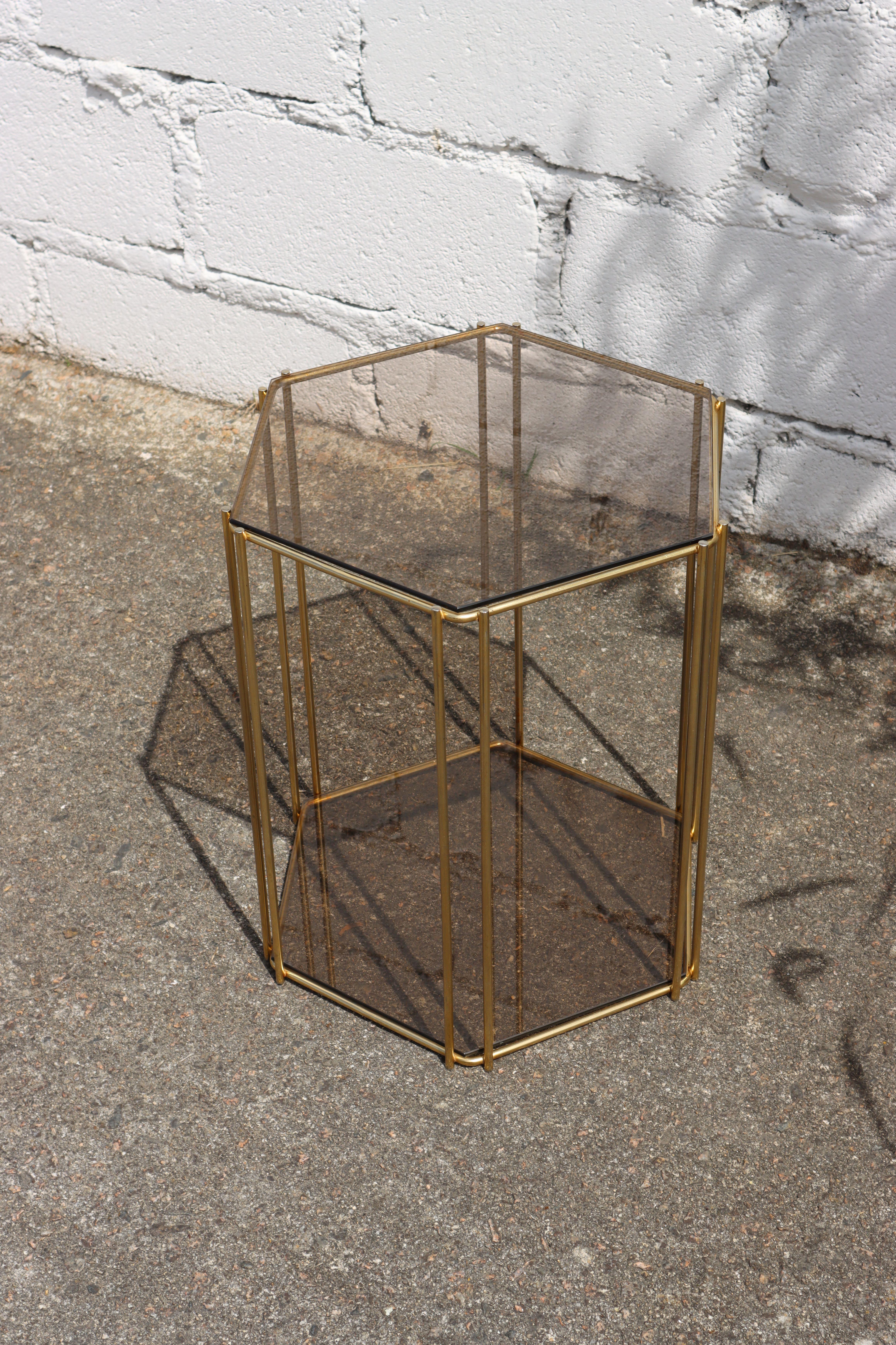 French Vintage Two Tier Smoked Glass & Brass Hexagonal Console-Regency Style-70s For Sale 4