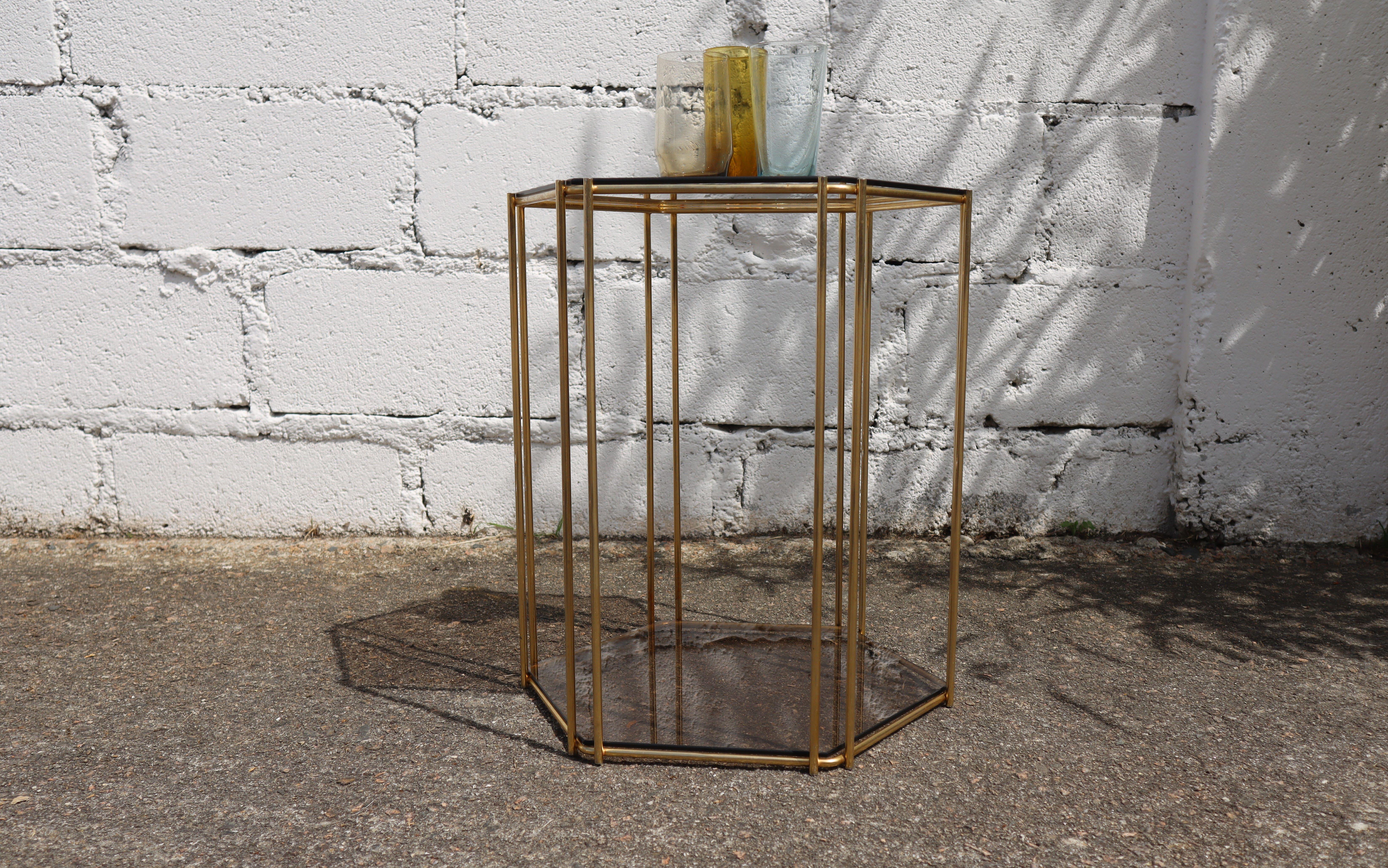 Anodized French Vintage Two Tier Smoked Glass & Brass Hexagonal Console-Regency Style-70s For Sale