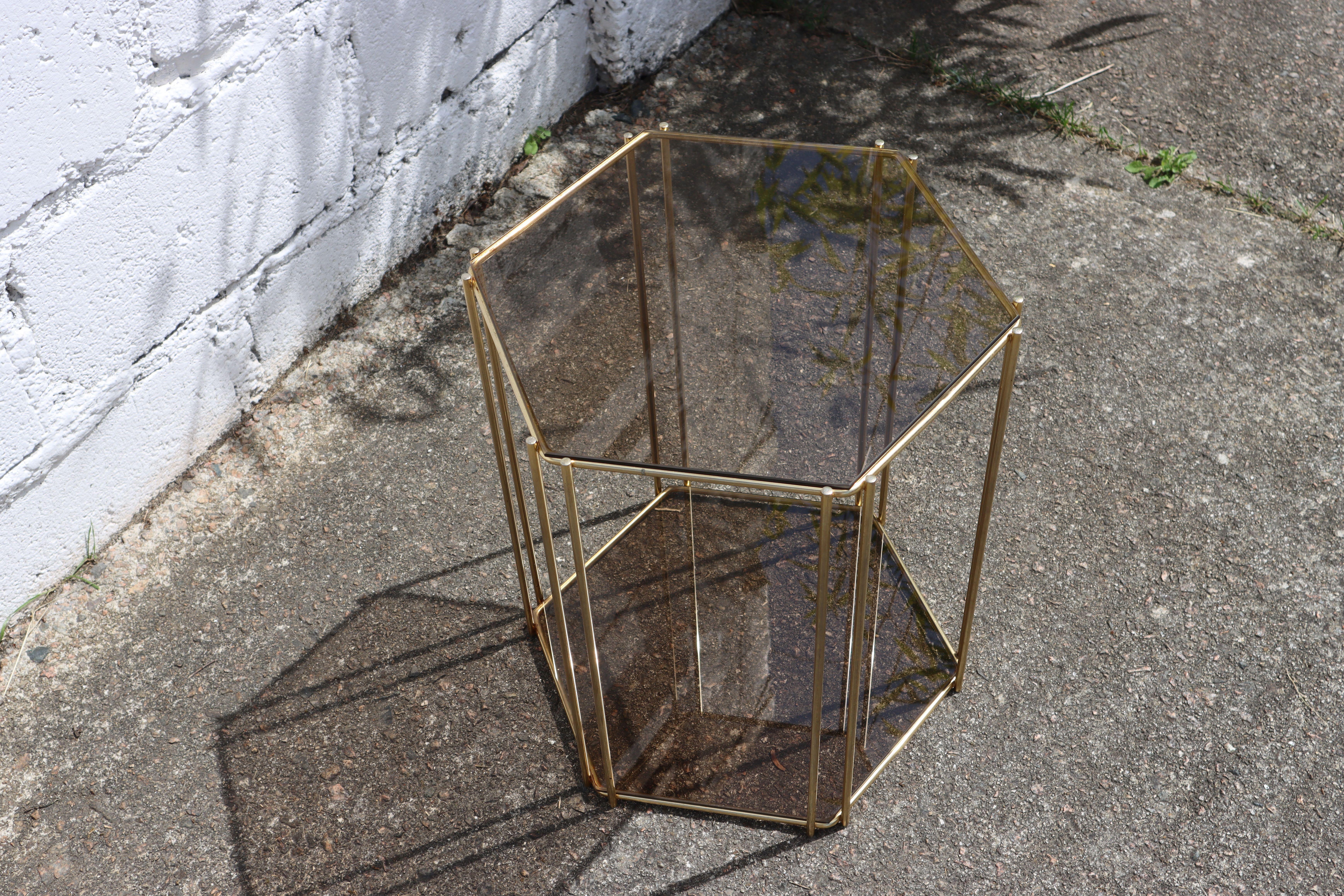 Late 20th Century French Vintage Two Tier Smoked Glass & Brass Hexagonal Console-Regency Style-70s For Sale