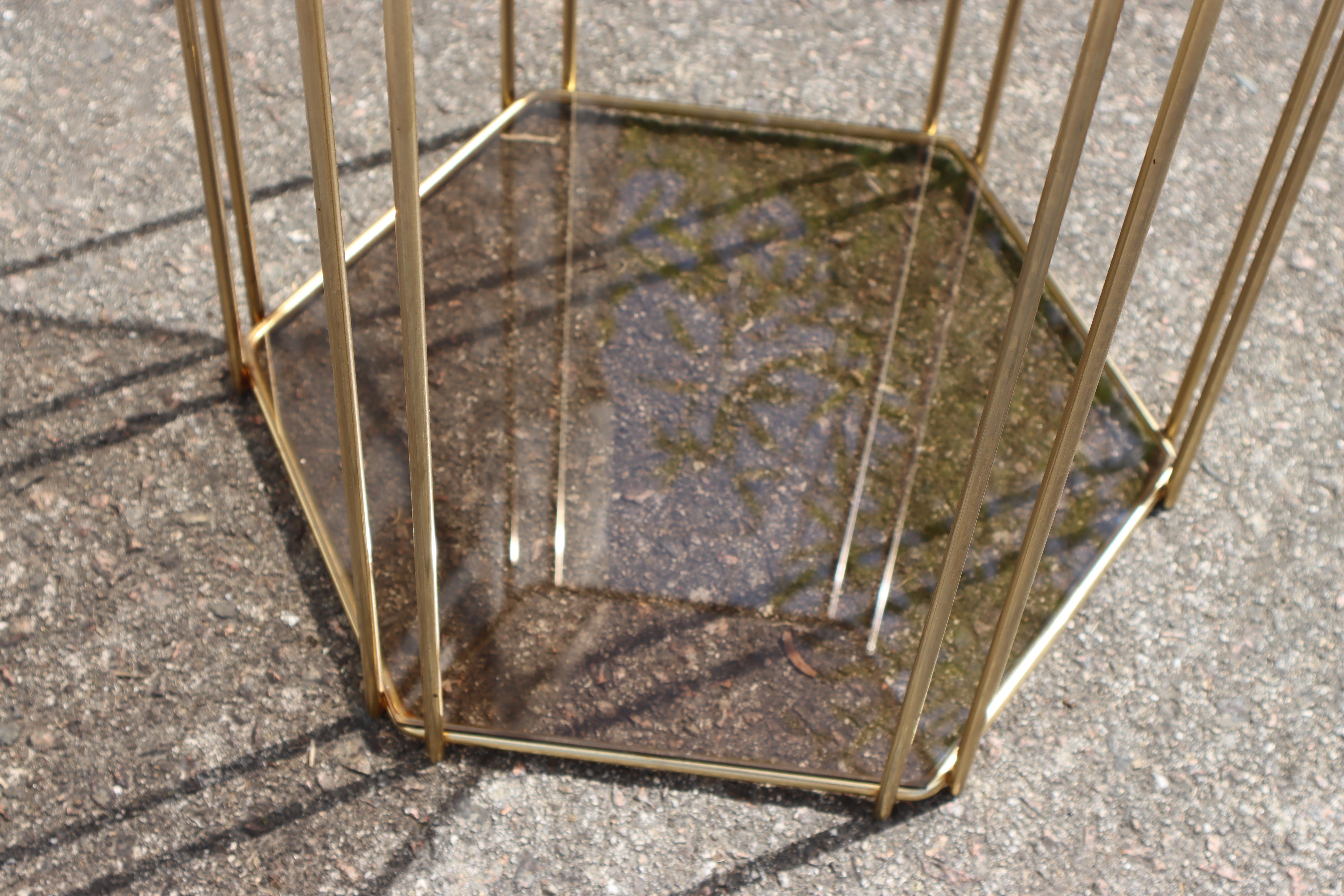 Steel French Vintage Two Tier Smoked Glass & Brass Hexagonal Console-Regency Style-70s For Sale