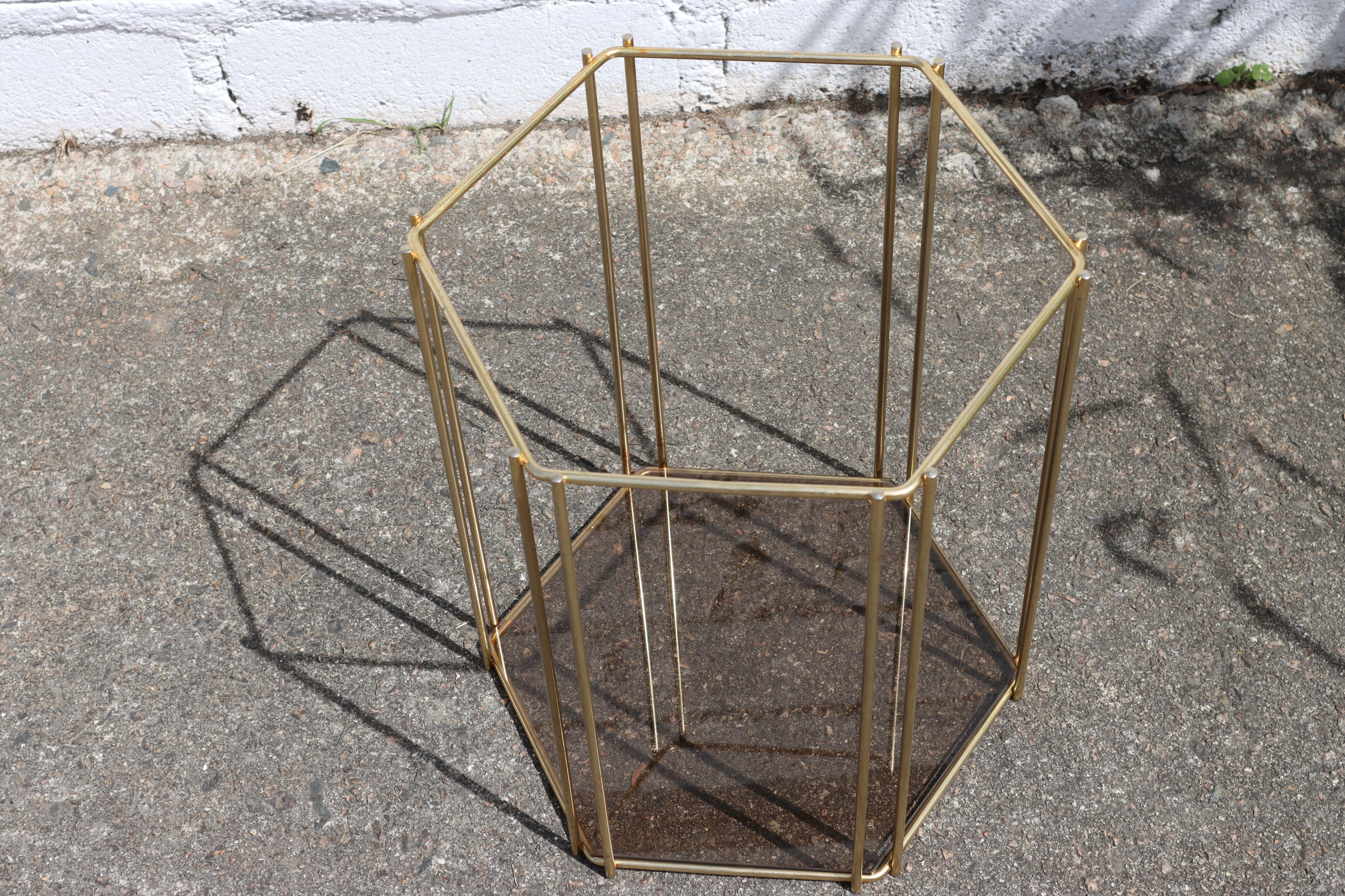 French Vintage Two Tier Smoked Glass & Brass Hexagonal Console-Regency Style-70s For Sale 2