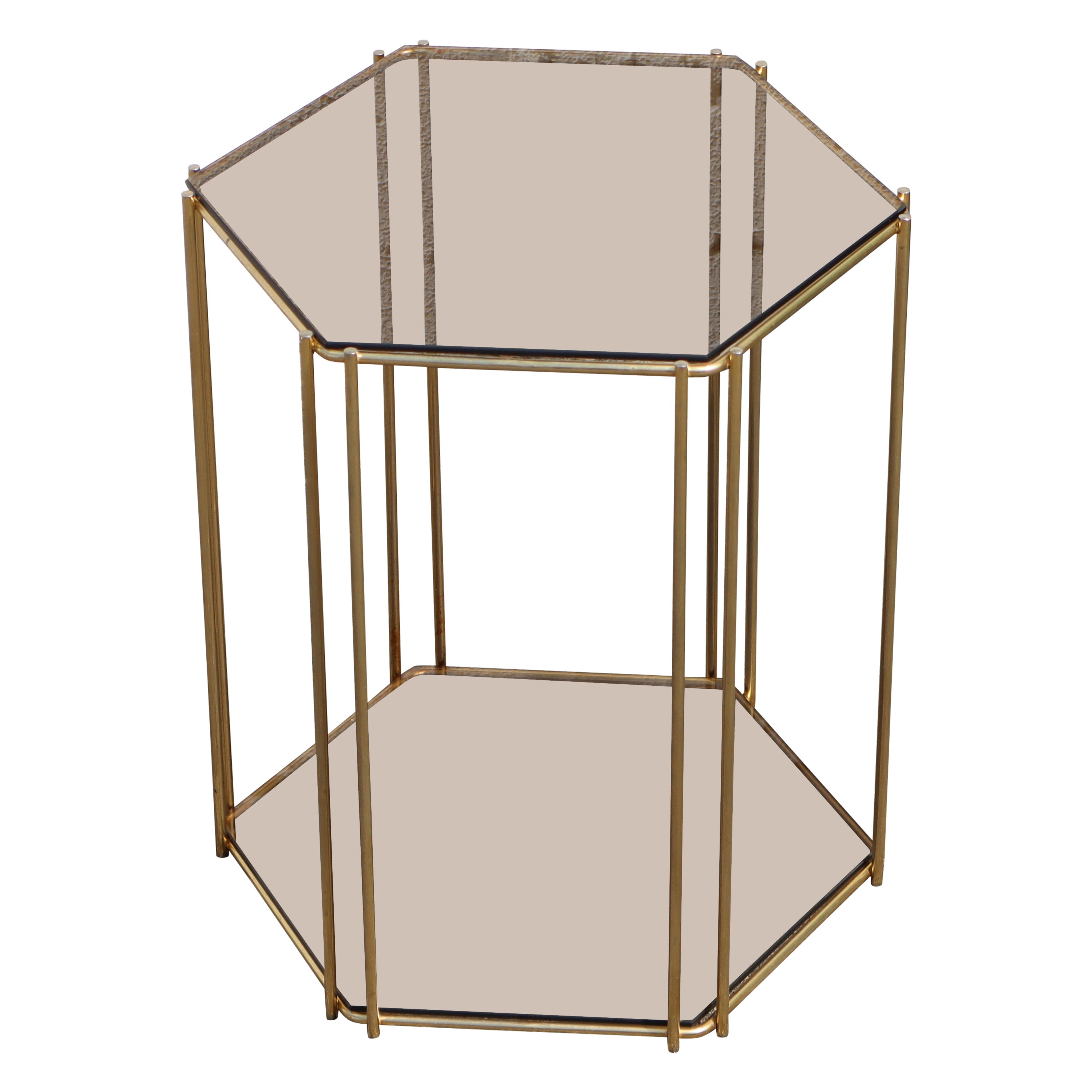 Consola hexagonal francesa vintage de dos niveles de cristal ahumado y latón-Estilo Regency años 70