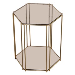 French Vintage Two Tier Smoked Glass & Brass Hexagonal Console-Regency Style-70s