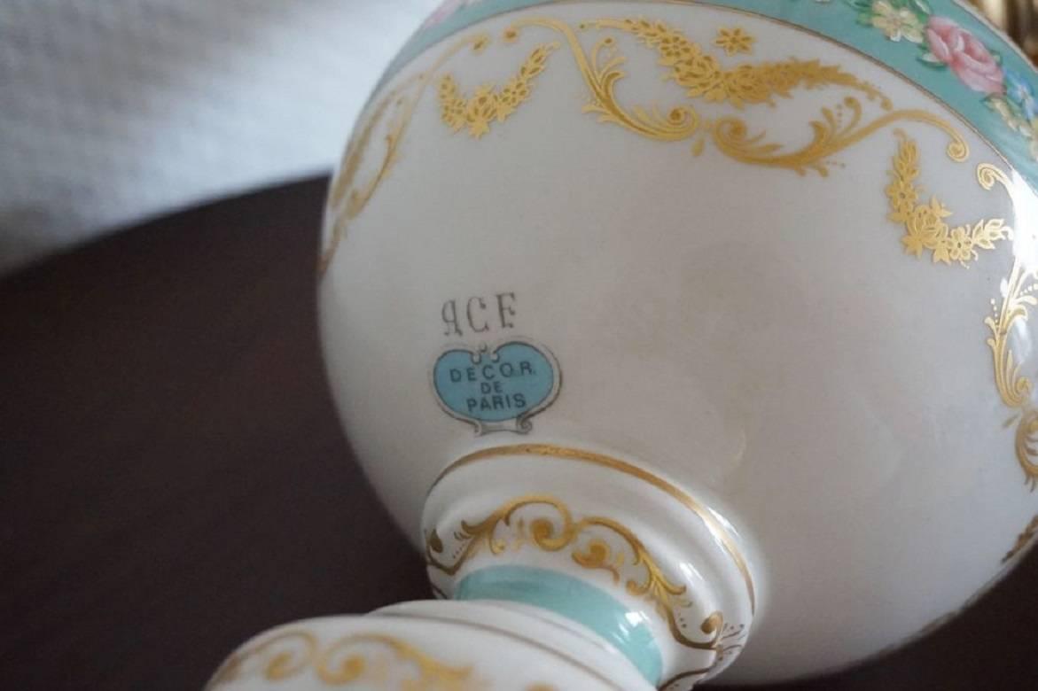 Art Nouveau French Vintage White and Turquoise Porcelain Table Lamp For Sale
