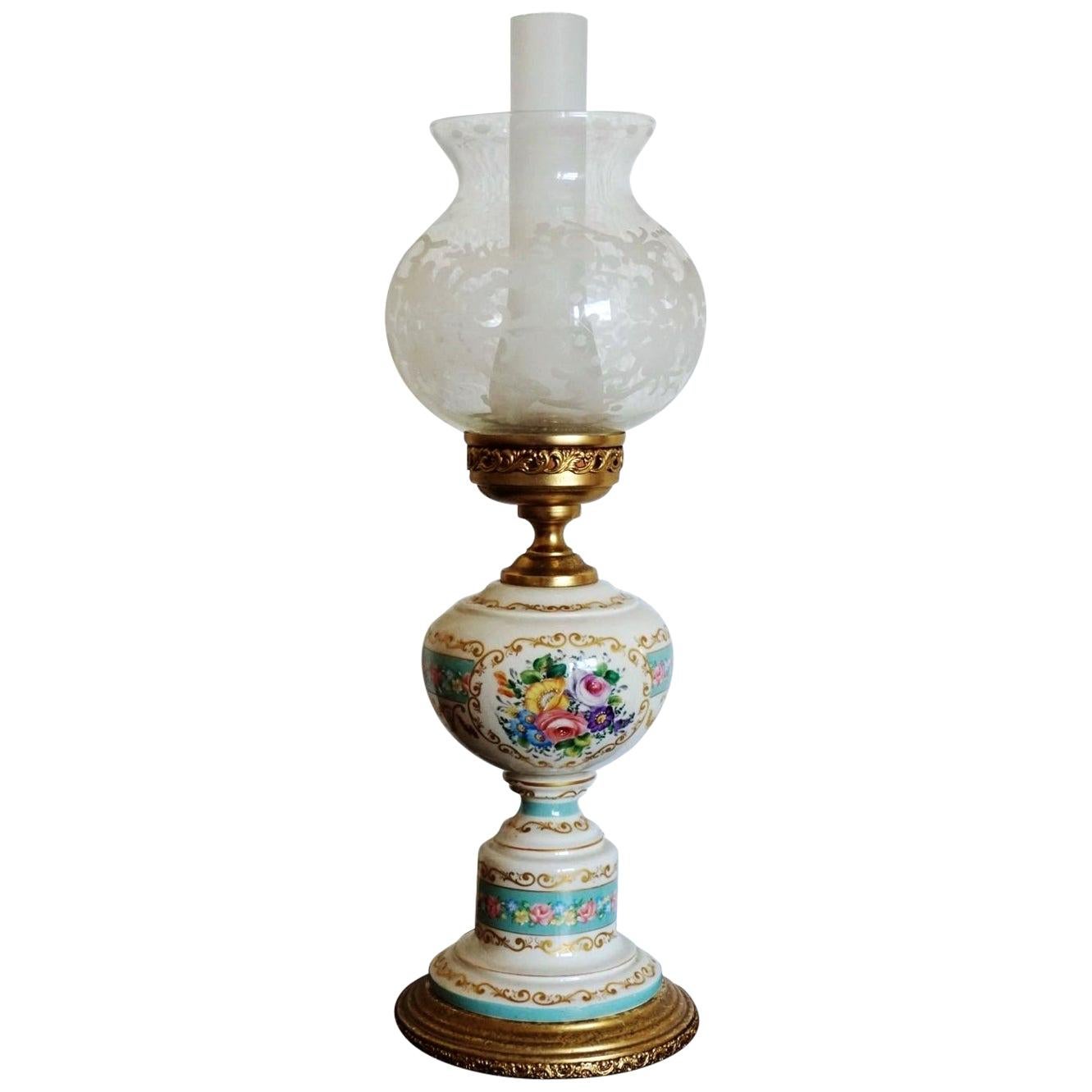 Französische Vintage-Tischlampe aus weißem und türkisfarbenem Porzellan im Angebot