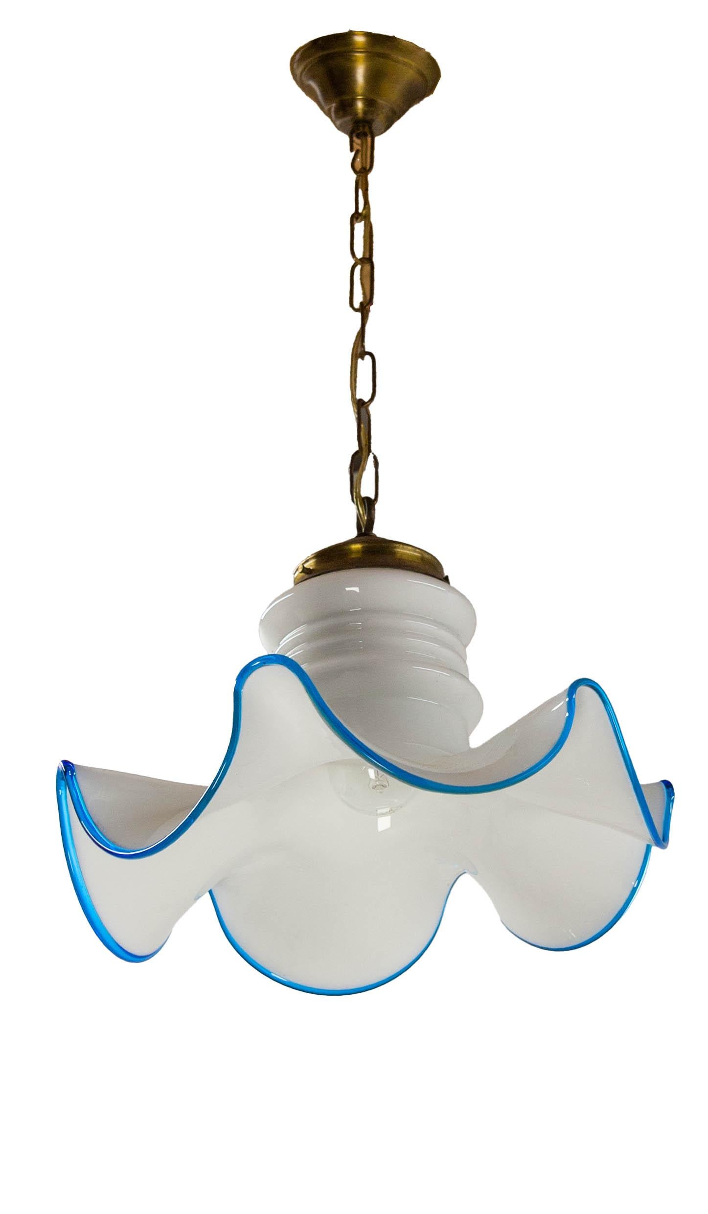 Mid-Century Modern French Vintage White Opaline Blue Glass and Brass Ceiling Light, circa 1960 For Sale