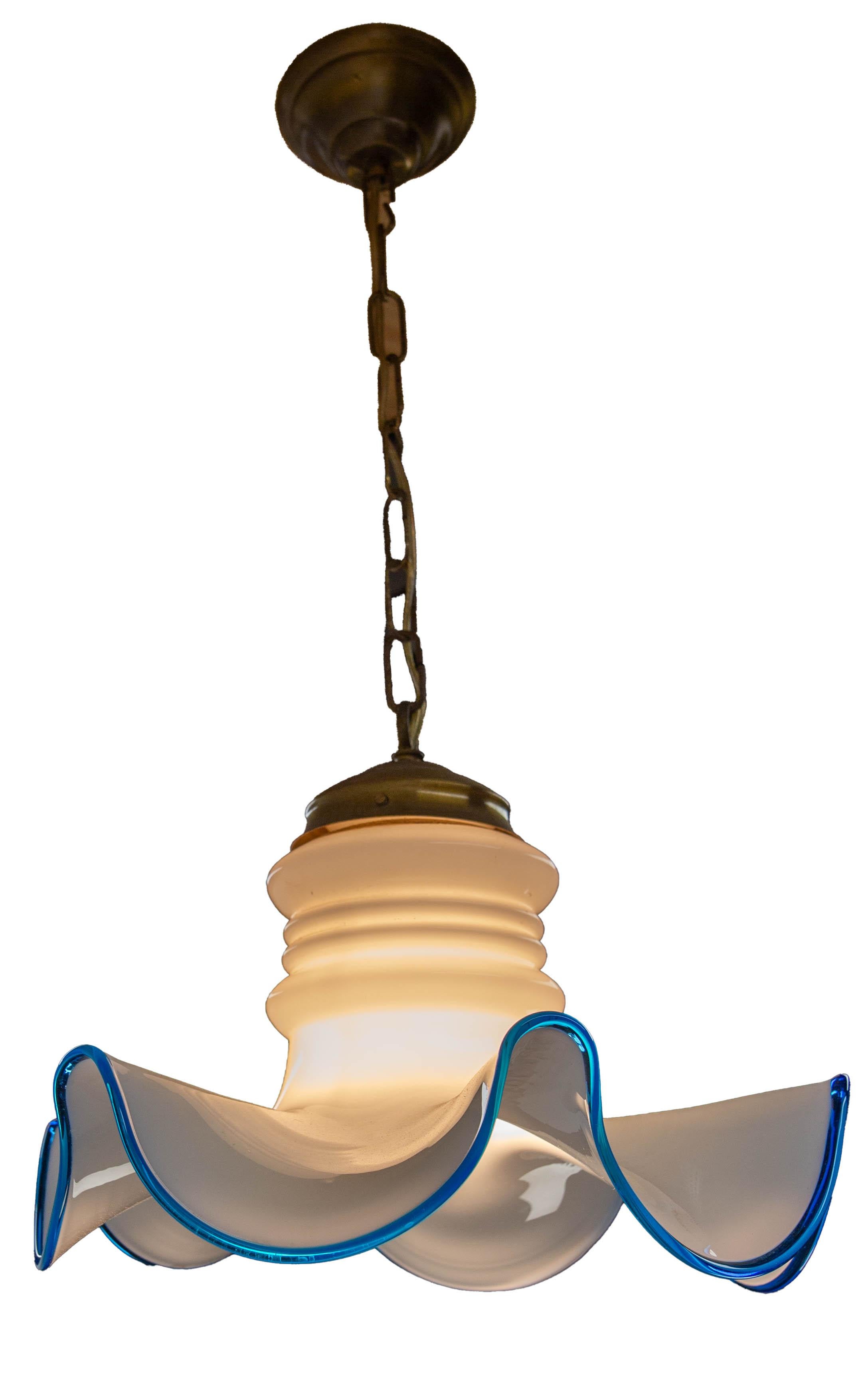 French Vintage White Opaline Blue Glass and Brass Ceiling Light, circa 1960 In Good Condition For Sale In Labrit, Landes