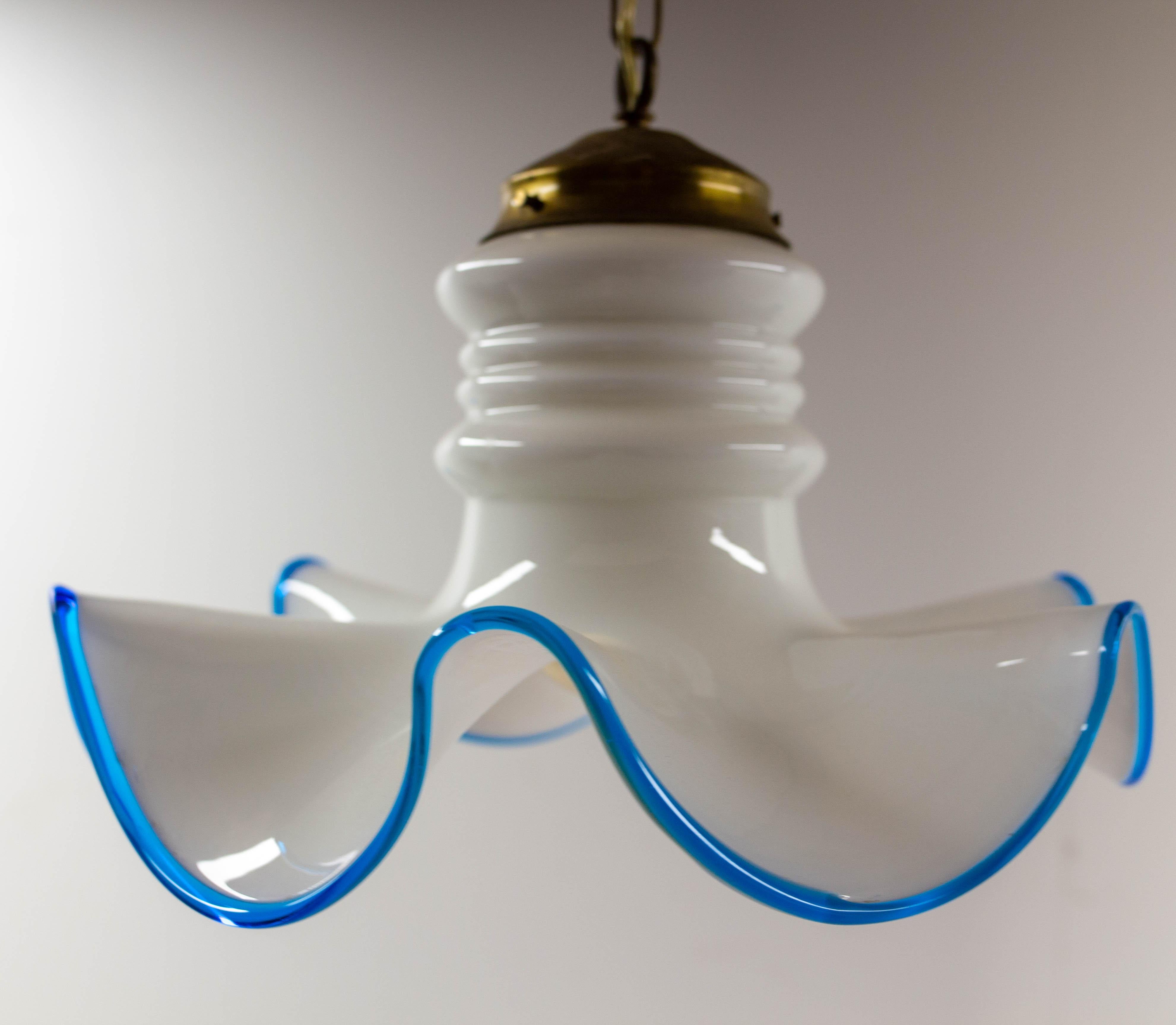 20th Century French Vintage White Opaline Blue Glass and Brass Ceiling Light, circa 1960 For Sale