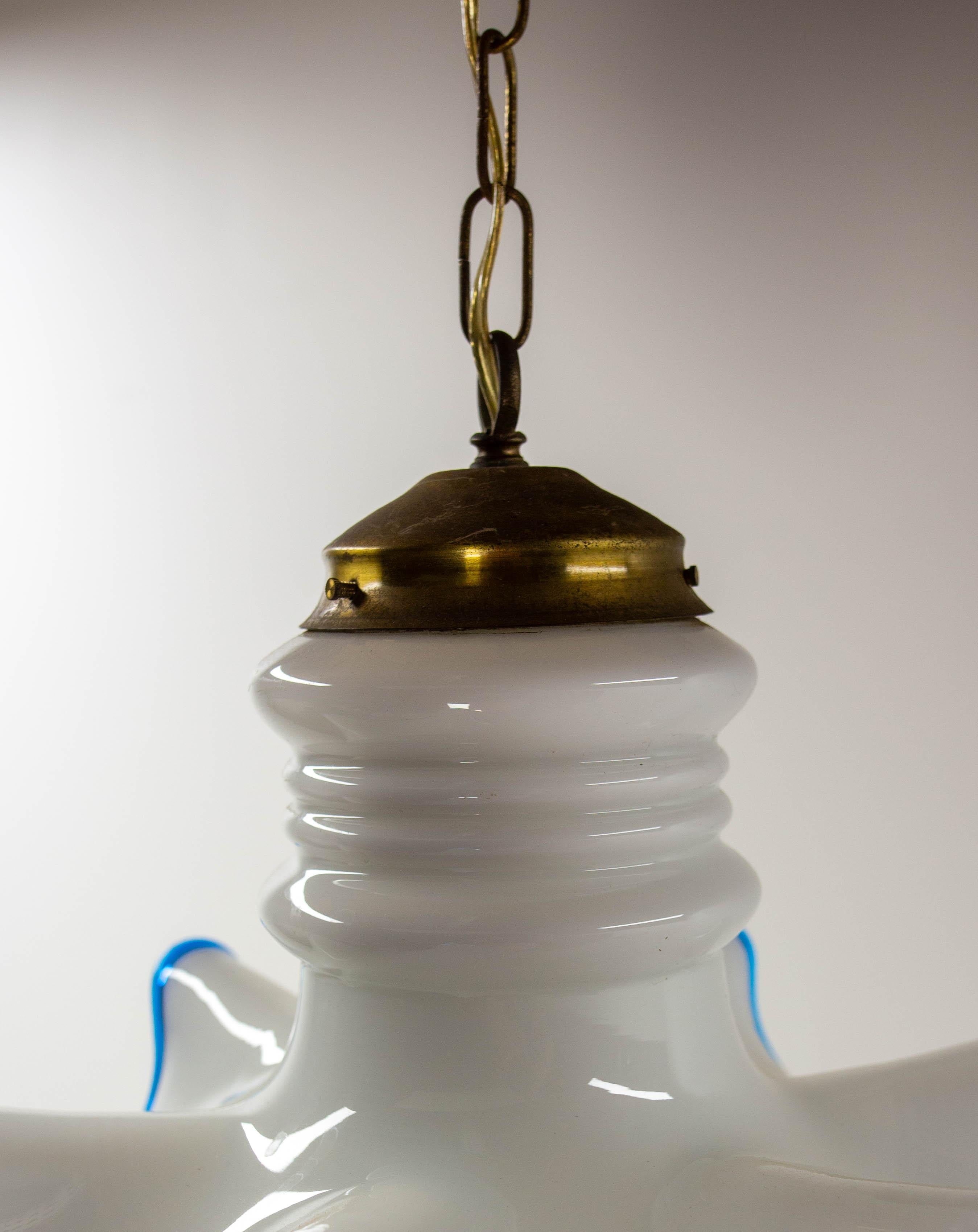 French Vintage White Opaline Blue Glass and Brass Ceiling Light, circa 1960 For Sale 1