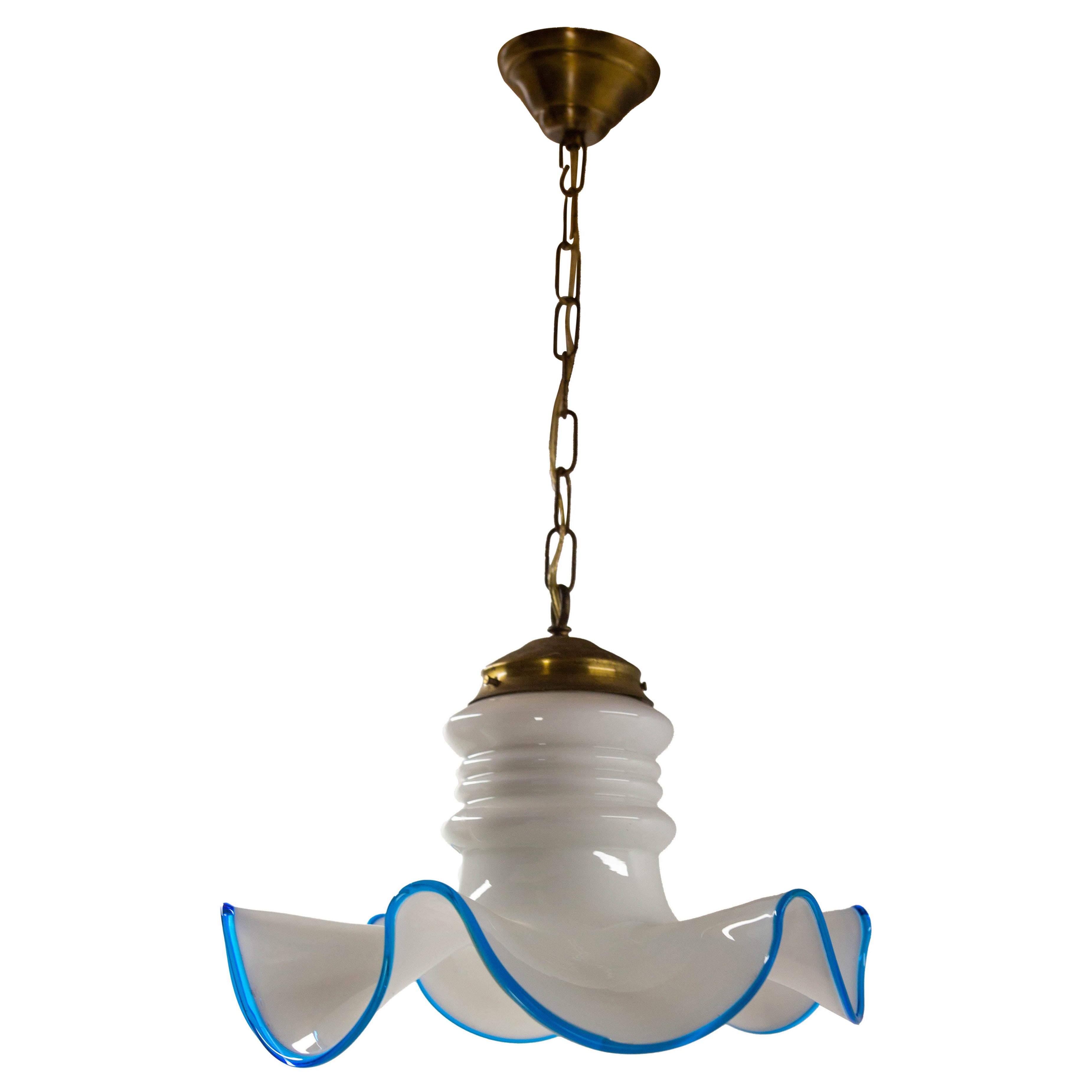 French Vintage White Opaline Blue Glass and Brass Ceiling Light, circa 1960 For Sale