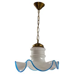 French Vintage White Opaline Blue Glass and Brass Ceiling Light, circa 1960