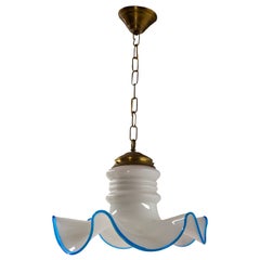 French Vintage White Opaline Blue Glass and Brass Ceiling Light, circa 1960