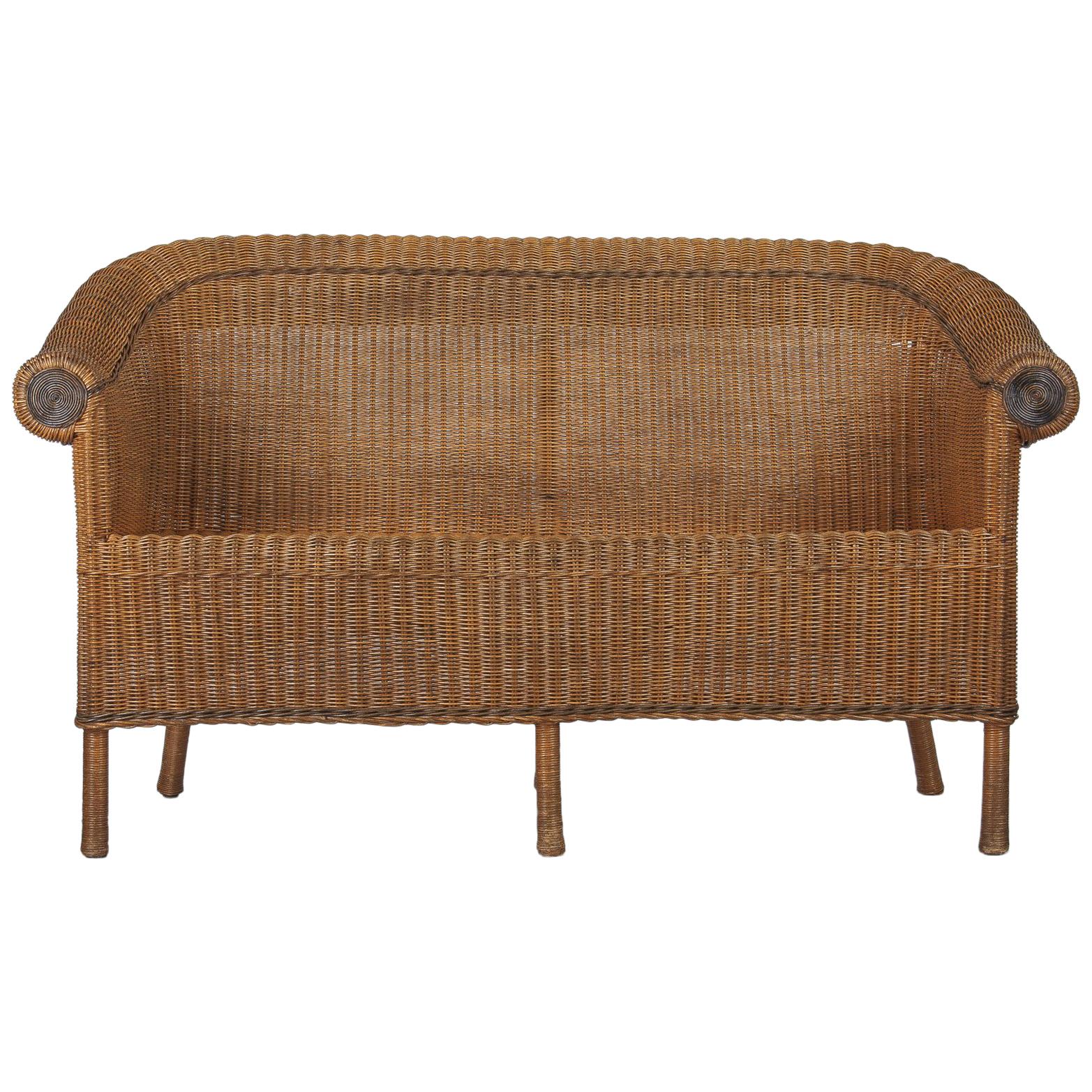 French Vintage Wicker and Pine Sofa, 1930s