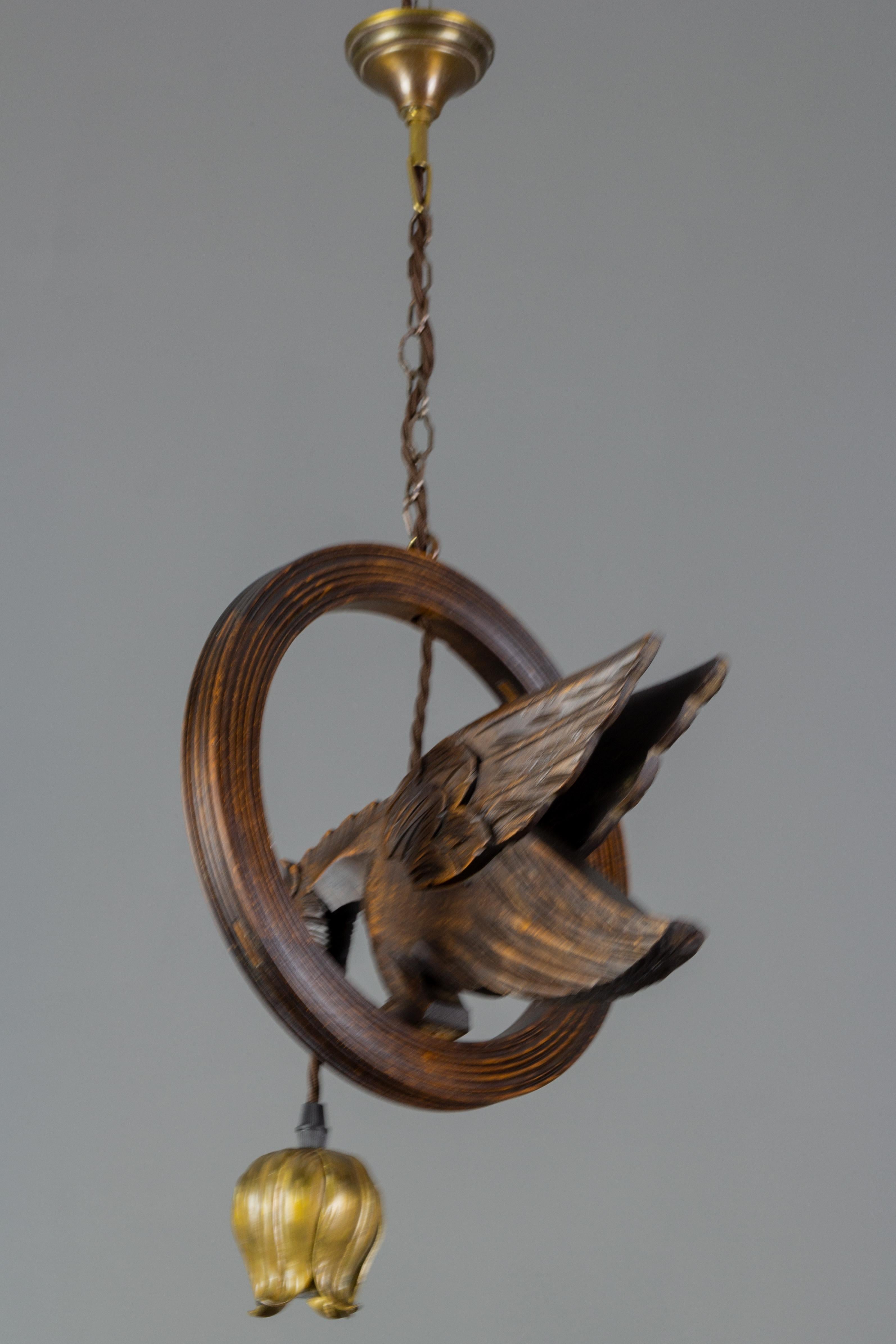 French Vintage Wooden and Brass Pendant Light with Bird Figure 5