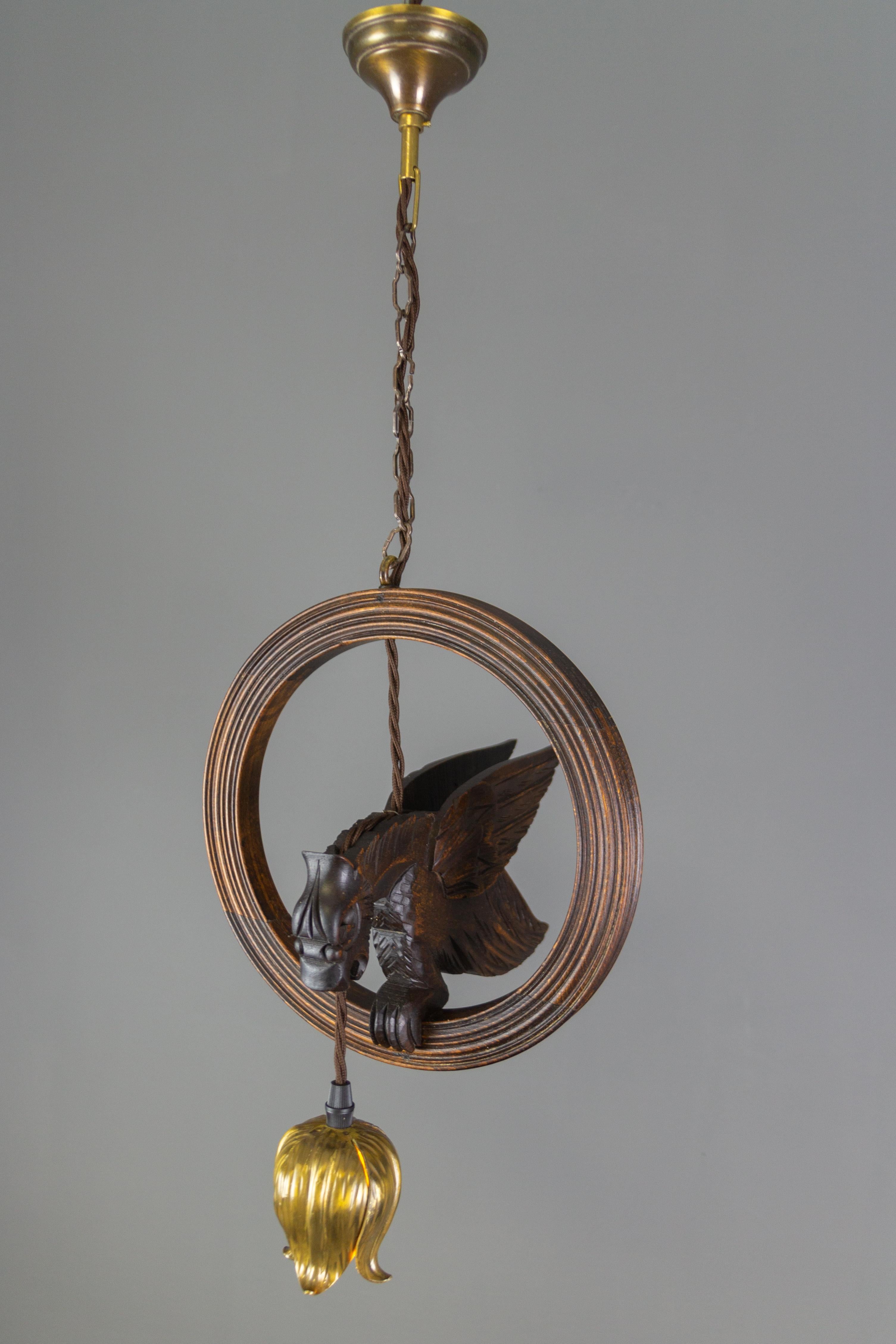 French Vintage Wooden and Brass Pendant Light with Bird Figure 8