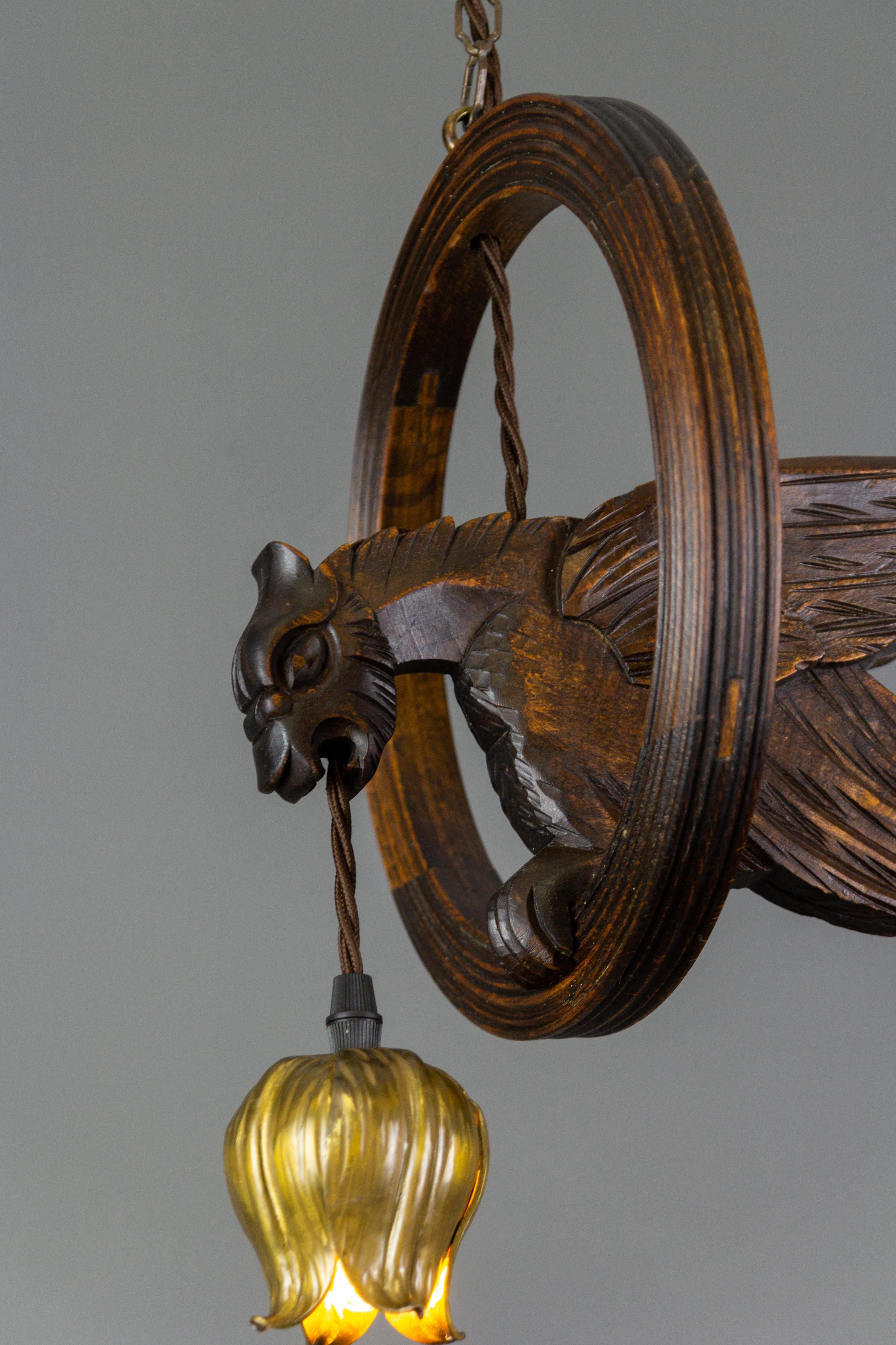 Arts and Crafts French Vintage Wooden and Brass Pendant Light with Bird Figure