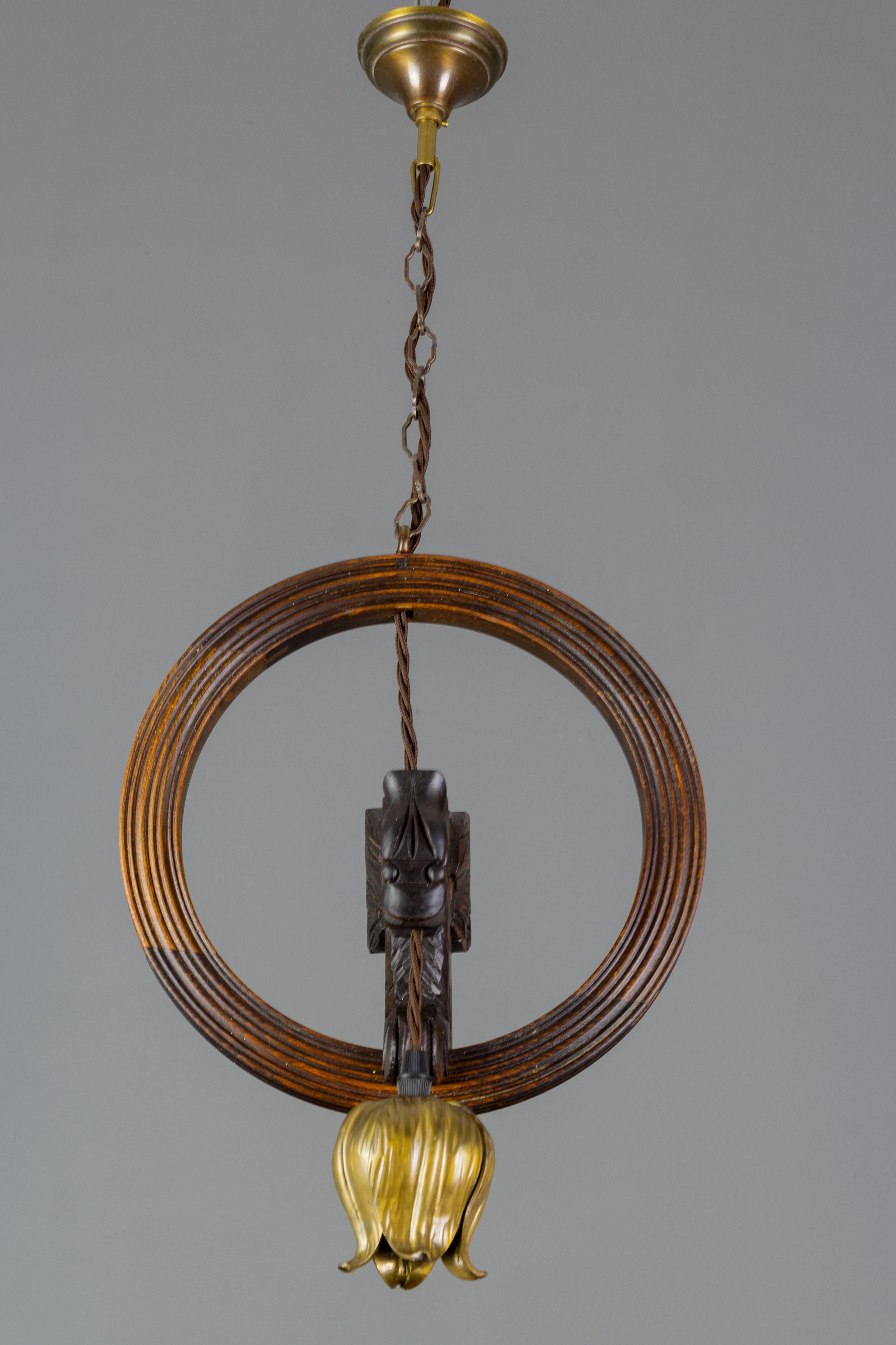 Mid-20th Century French Vintage Wooden and Brass Pendant Light with Bird Figure