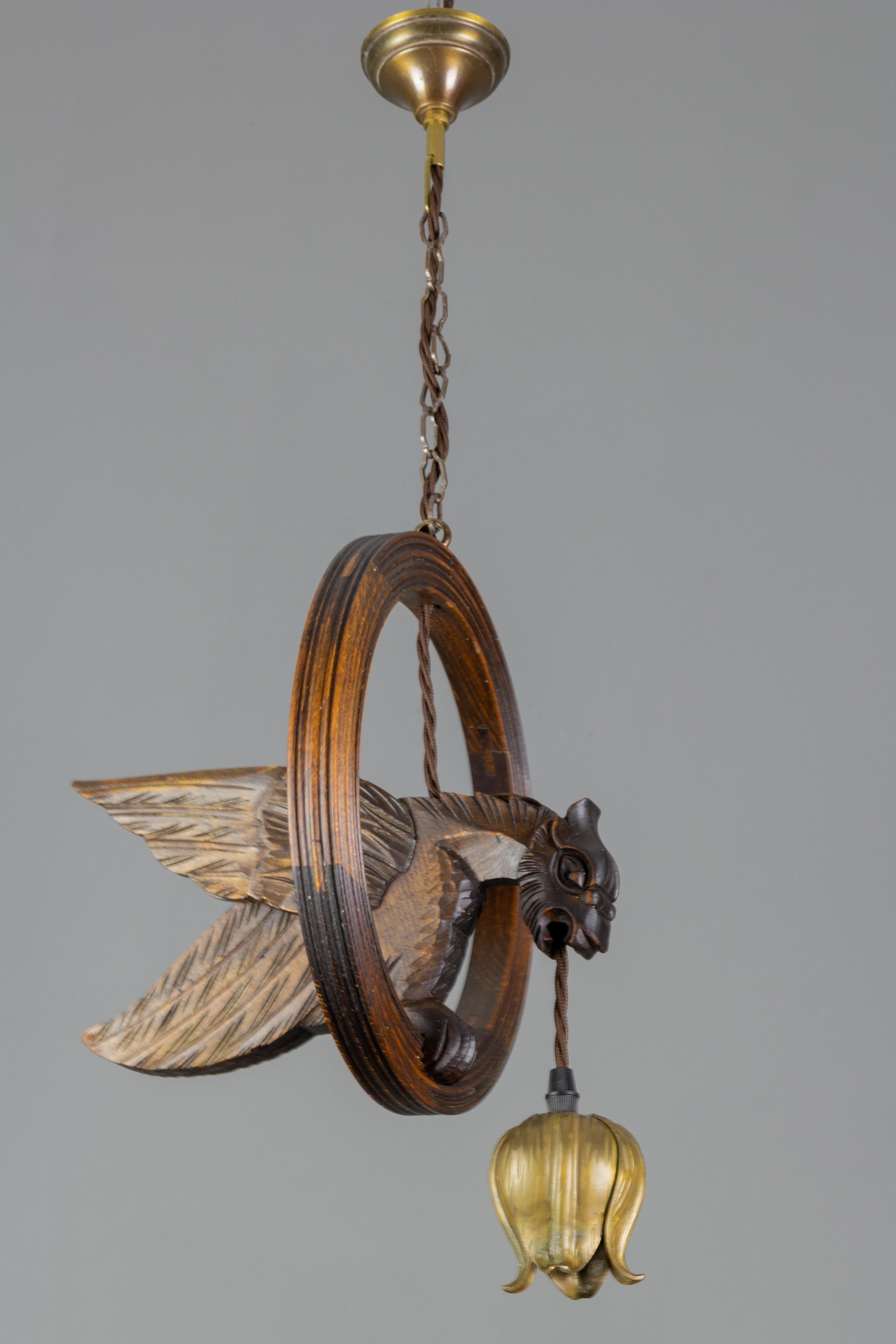 French Vintage Wooden and Brass Pendant Light with Bird Figure 3