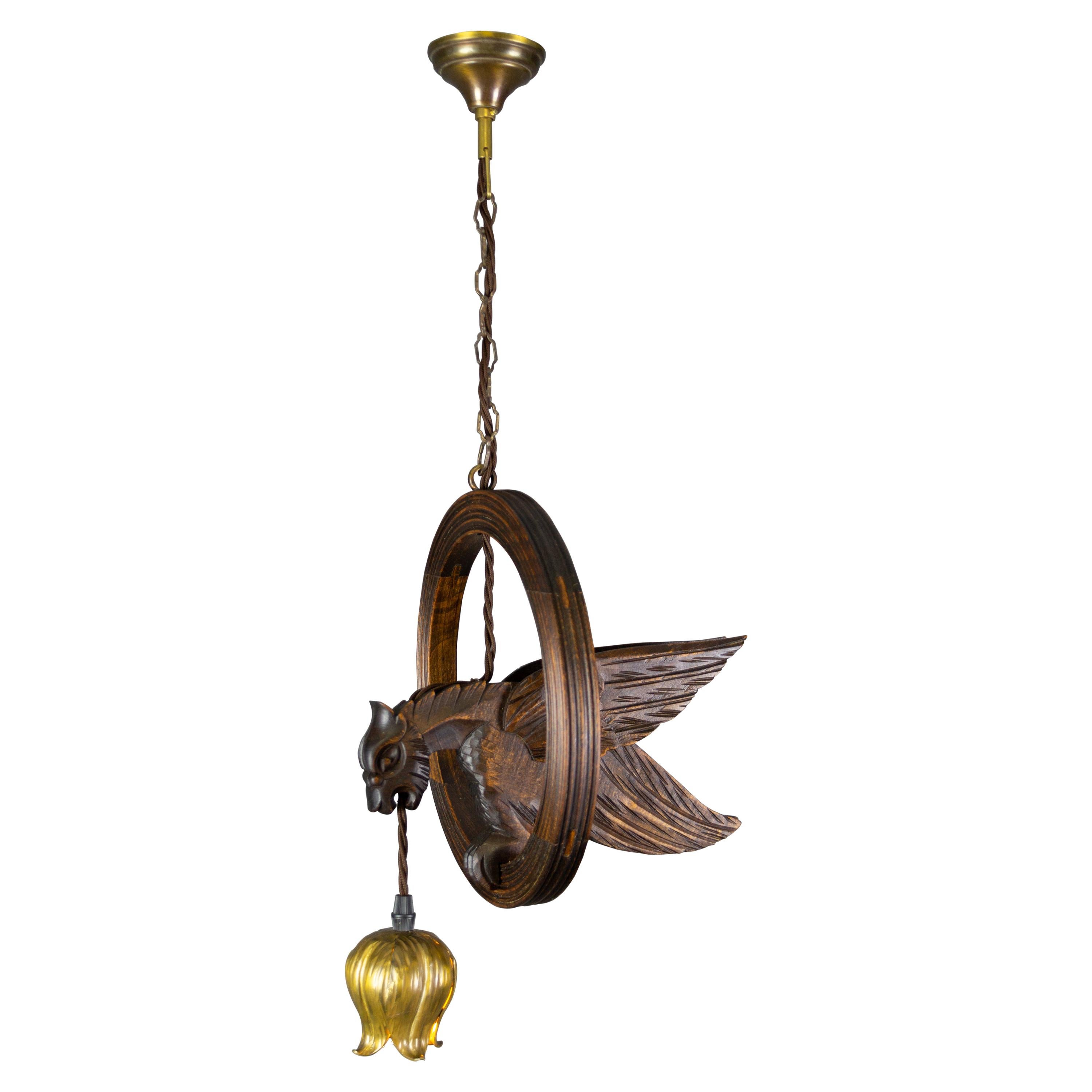 French Vintage Wooden and Brass Pendant Light with Bird Figure