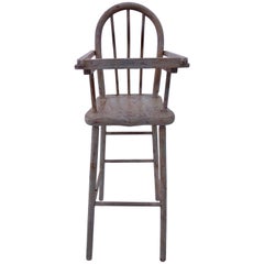 French Vintage Wooden Doll High Chair with Rounded Top, Articulated Tray, 1940s