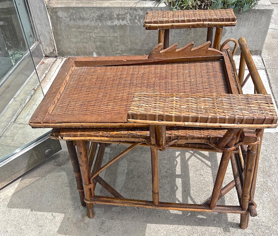 French Vintage Woven Rattan and Bamboo Chaise Lounge with Extendable Ottoman 6
